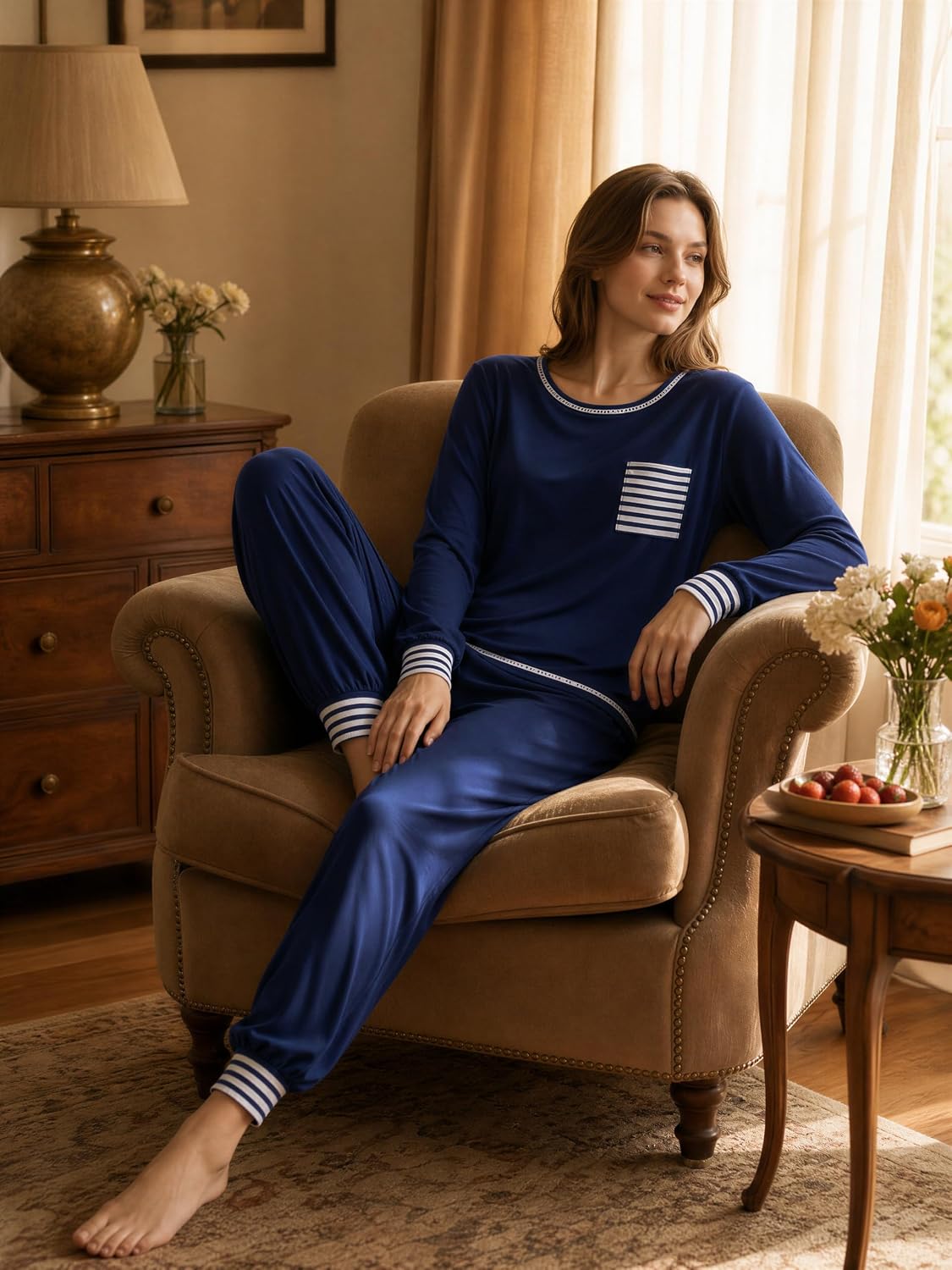 Detalle 2 de SWOMOG Women’s Modal Pajama Set, Long-Sleeve Top and Pants, Lightweight 2-Piece Sleepwear