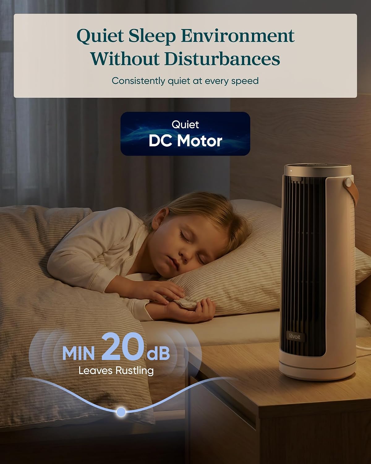 Detalle de LEVOIT Tower Fan for Bedroom — Quiet 20dB DC Motor Bladeless Tower with 5 Speeds, 12H Timer, Remote