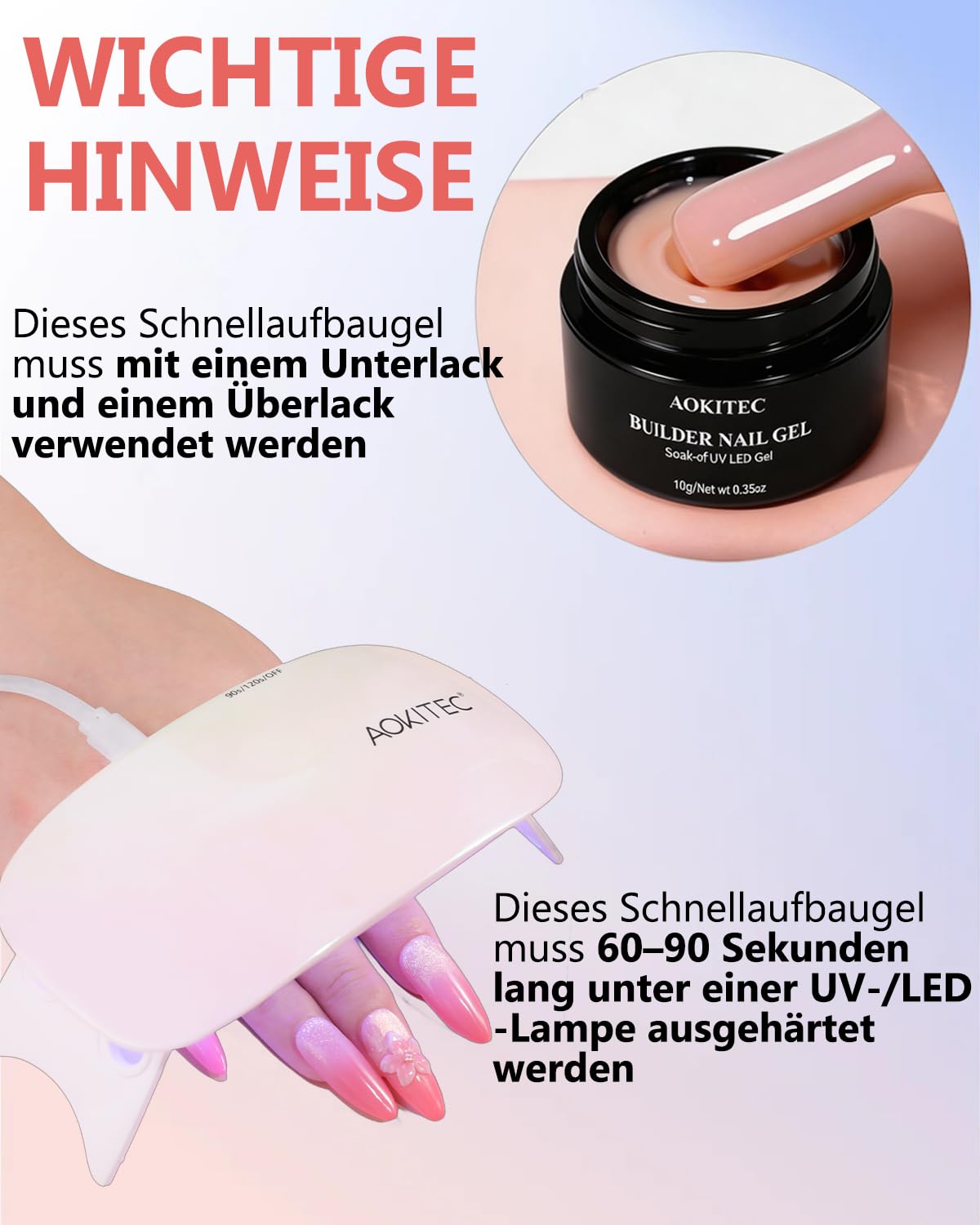Detalle de Aokitec Aufbaugel-Set für Gelnägel (No File & Self-Glättend) – UV-Gel in Nude und Weiß