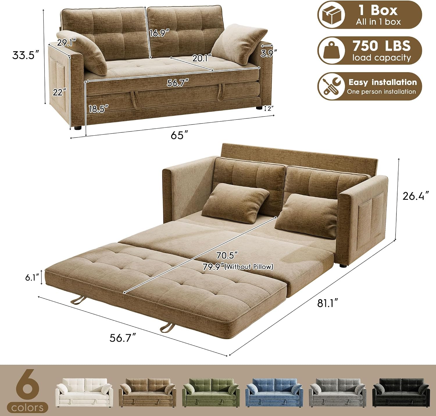 Detalle 2 de Urhanherry Convertible Sofa Bed, 65-inch