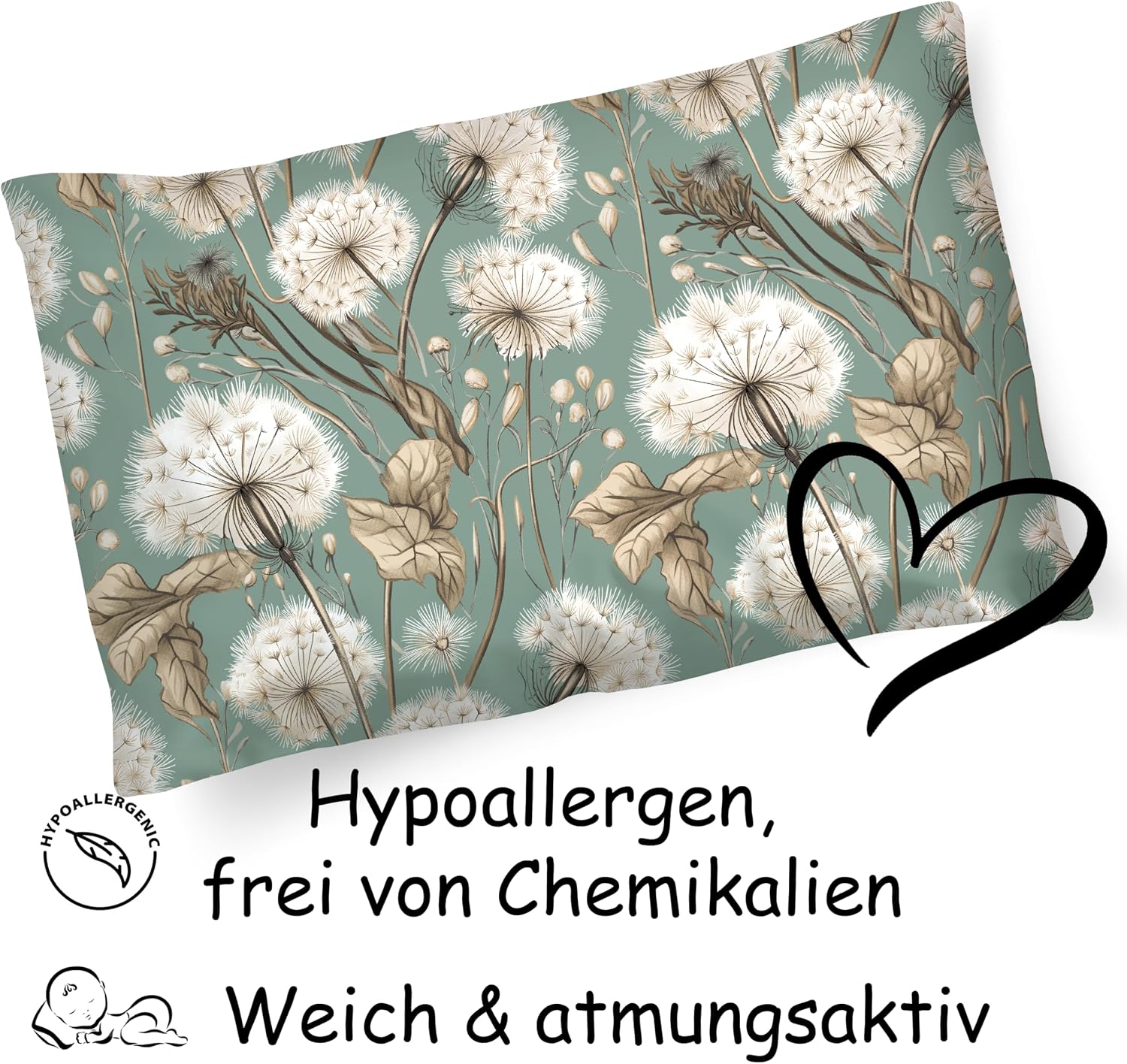 Thumbnail 3 de PinkZebra Kopfkissenbezug (35 x 40 cm) aus 100% Baumwolle mit Reißverschluss – Löwenzahn Grün
