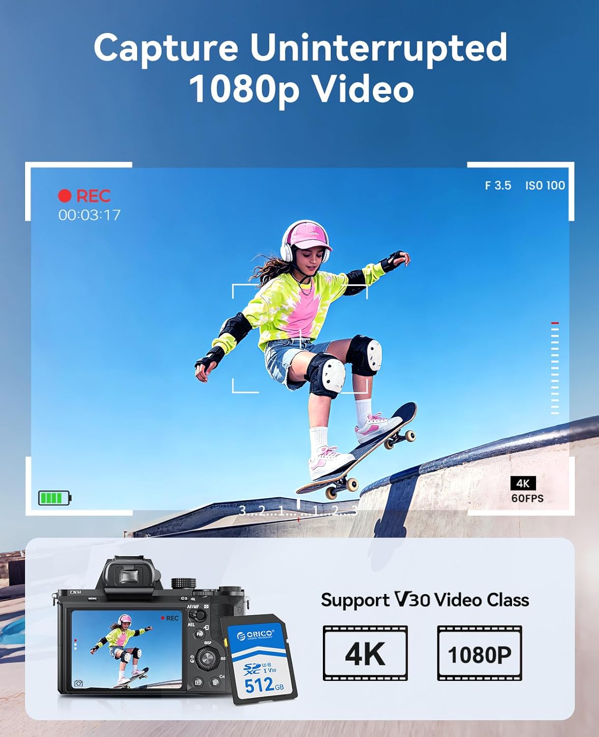 Detalle 2 de ORICO SD Karte 128GB SDXC UHS-I C10 U3 V30 – robust, schnell und vielseitig