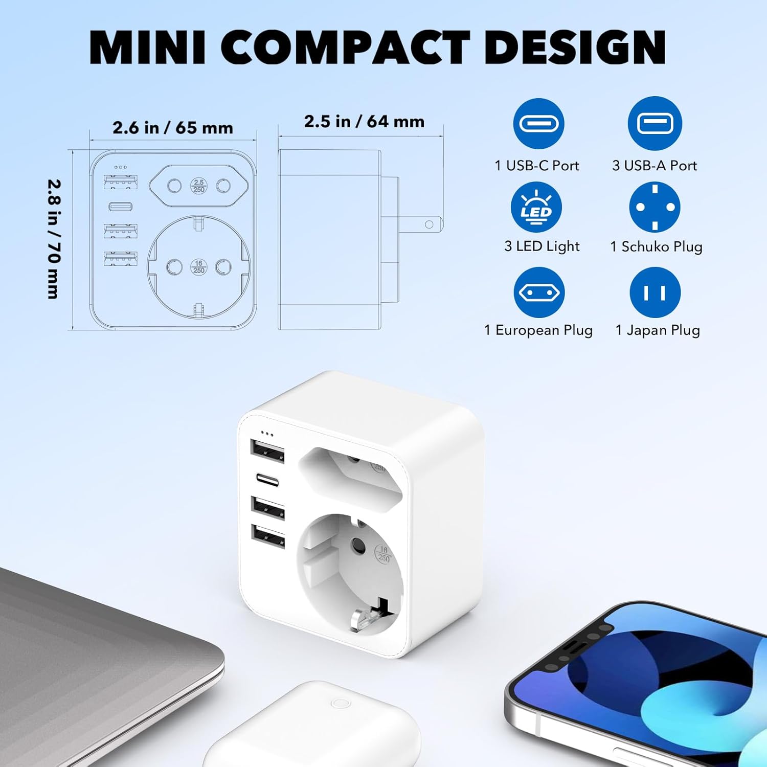 Detalle de Reiseadapter Japan 6-in-1: 2 Schuko, Typ C und 3 USB – kompakt, sicher und vielseitig