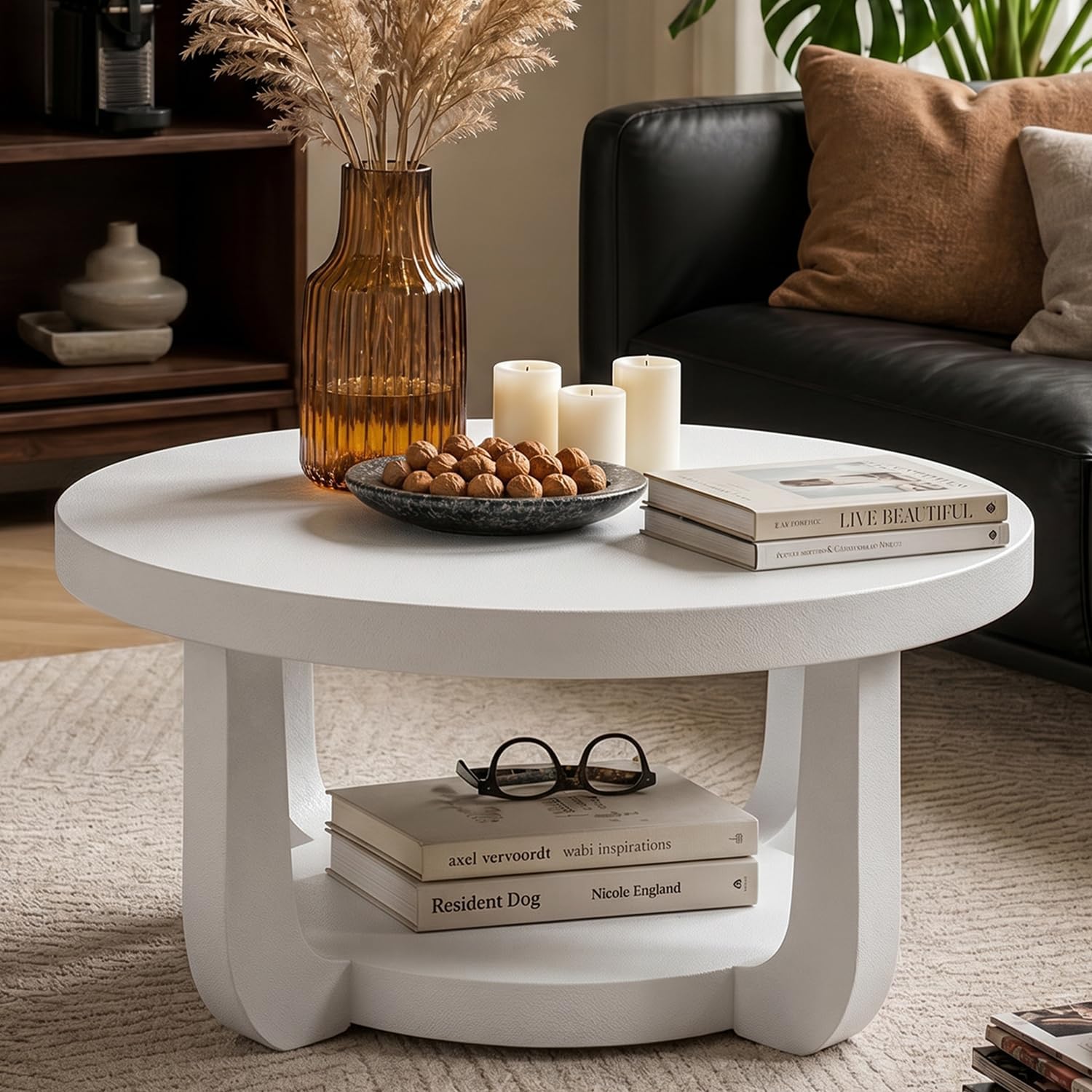 Detalle de BEROXII Round Coffee Table, 2-Tier White Table with Storage