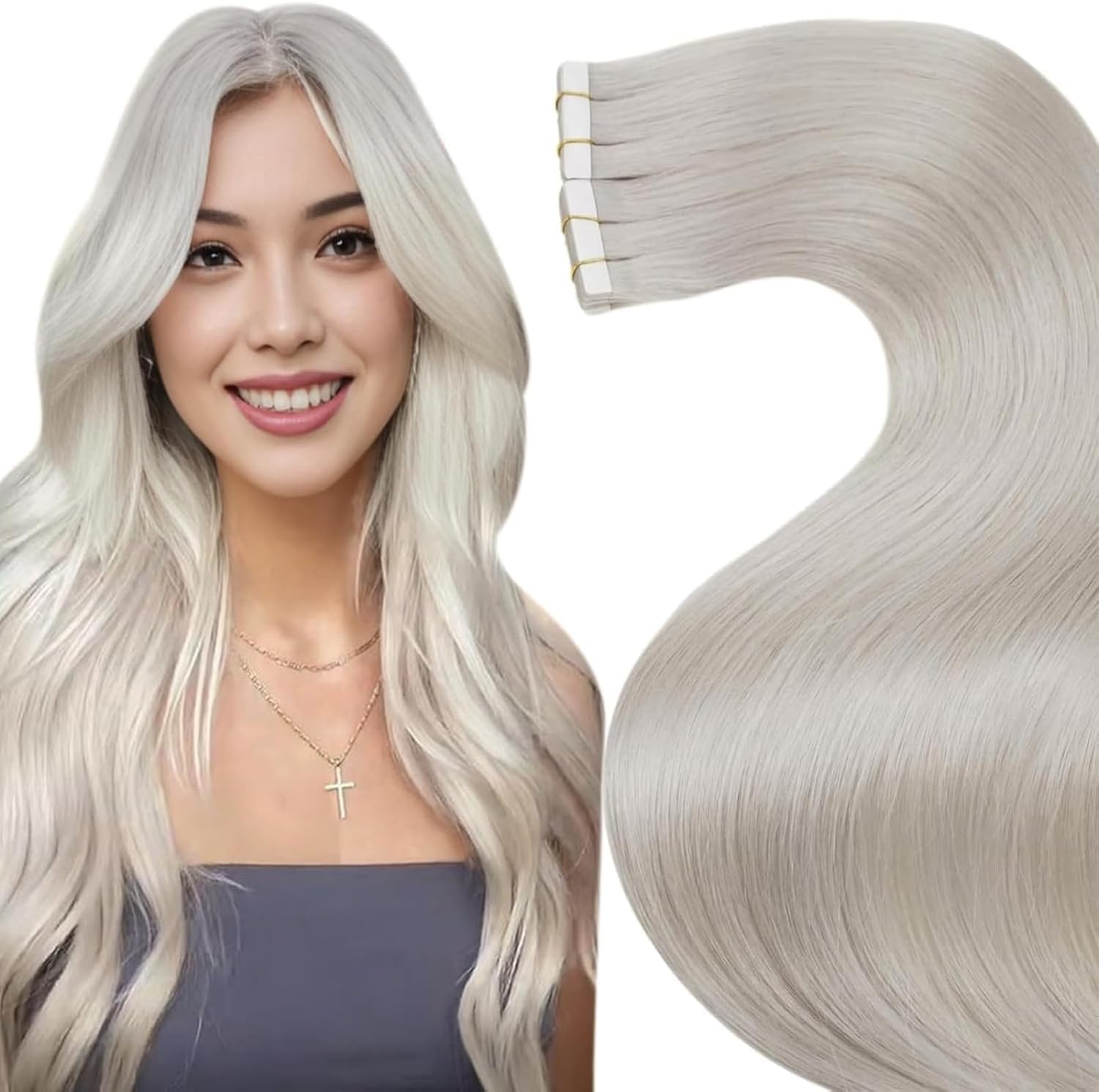 LaaVoo Extensions cheveux adhésives platine (vrais cheveux humains) 20 mèches, 40 cm