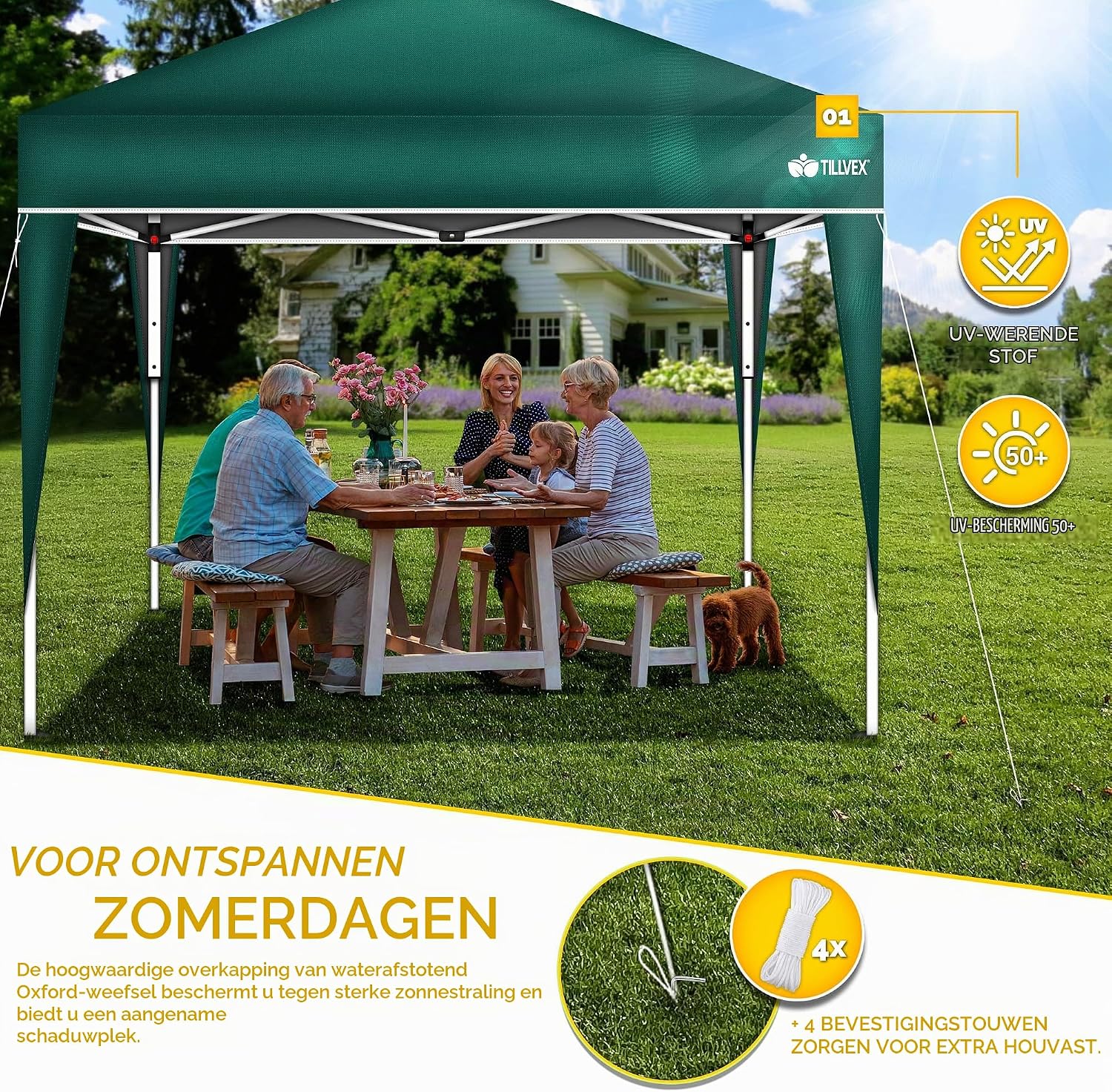 Detalle de tillvex Tuinprieel 3 x 3 m, opvouwbaar met UV-bescherming 50+