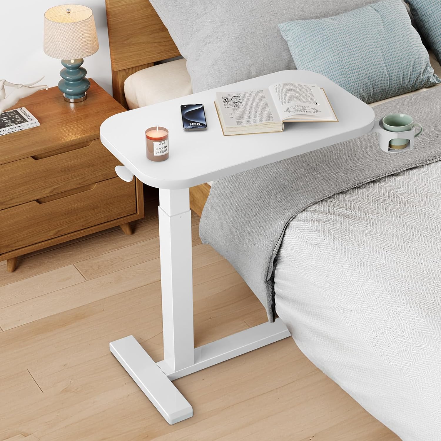 Detalle 2 de HUANUO Beistelltisch mit Rollen – höhenverstellbar, 70 x 40 cm, Becherhalter, mobil für Homeoffice