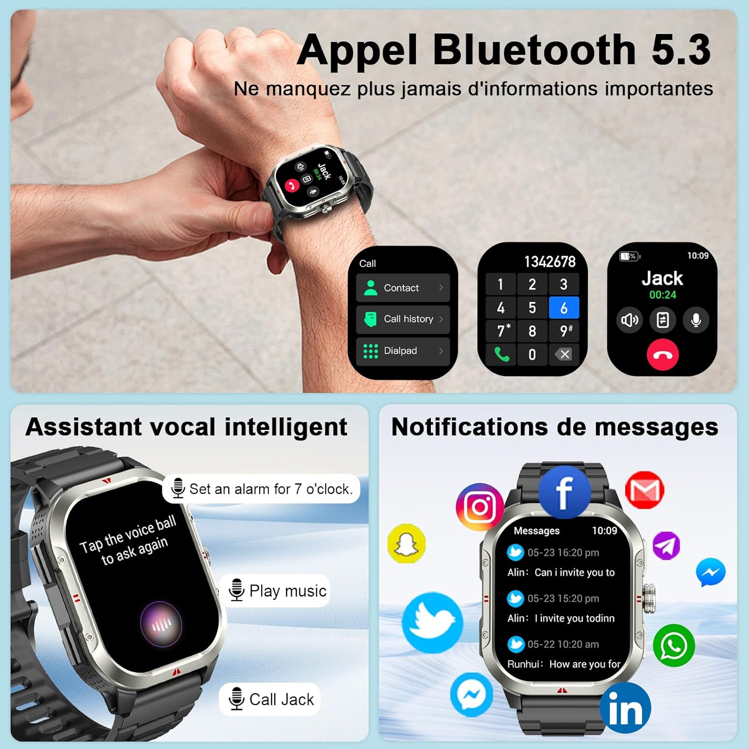 Thumbnail 2 de Jugeman montre connectée avec GPS intégré et appels Bluetooth (GPS, podomètre, suivi sommeil/activité) étanche IP68