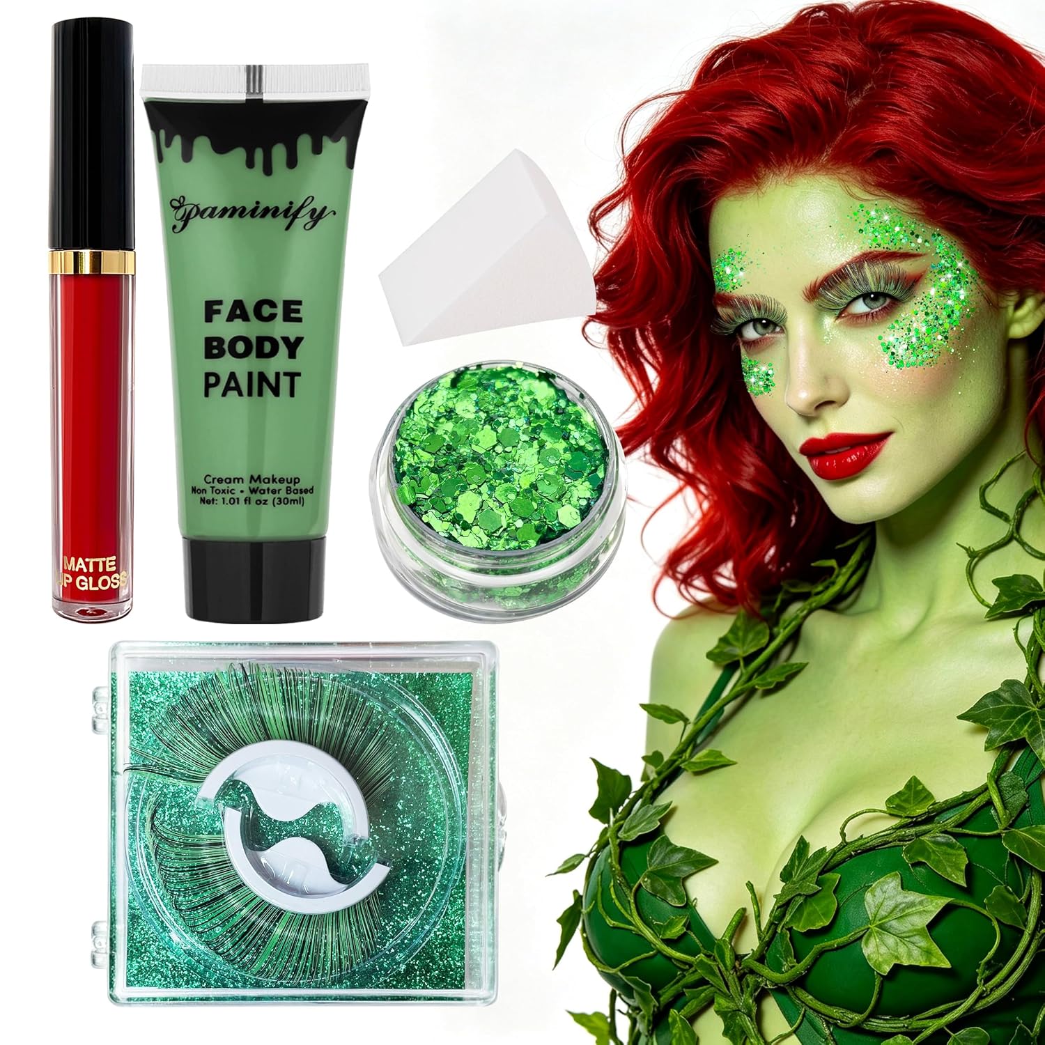 Detalle de Paminify Halloween Green Ivy Makeup Set with Green Paint, Glitter and Lashes