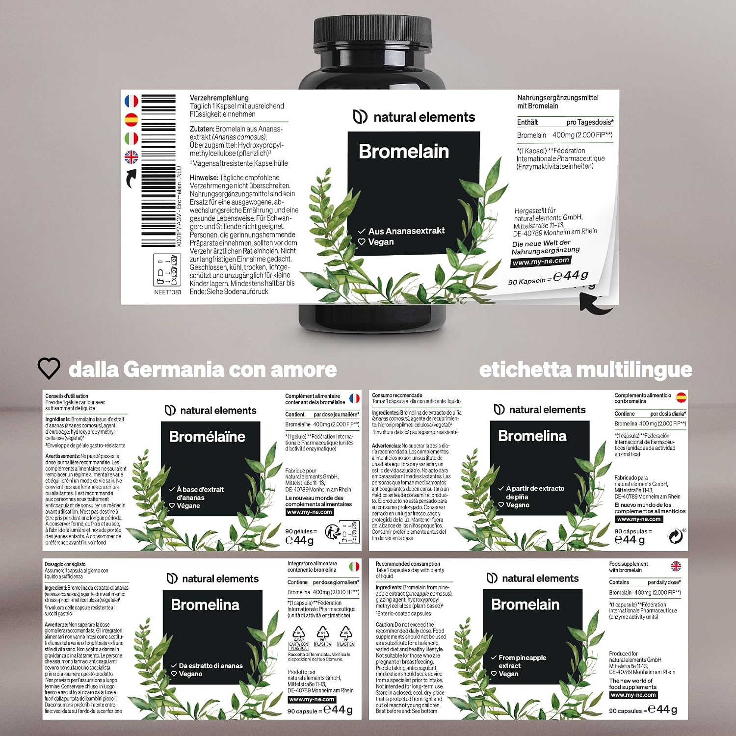 Detalle 2 de natural elements Bromelina 400 mg (2.500 GDU/g), 90 capsule gastrorresistenti