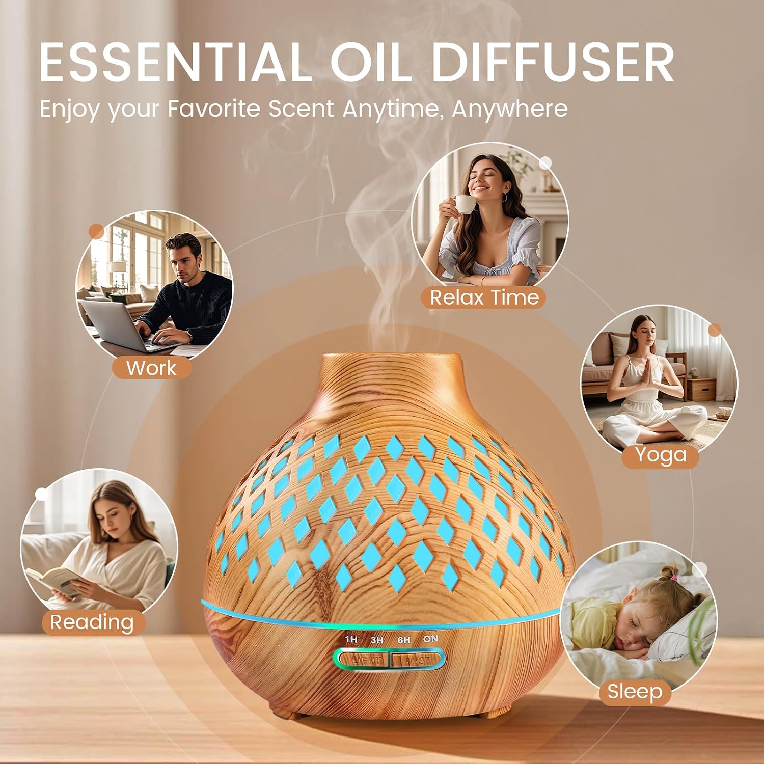 Detalle 2 de Aeshory 00142 aroma diffuser 550 ml met 12 oliën, ledlicht en automatische uitschakeling