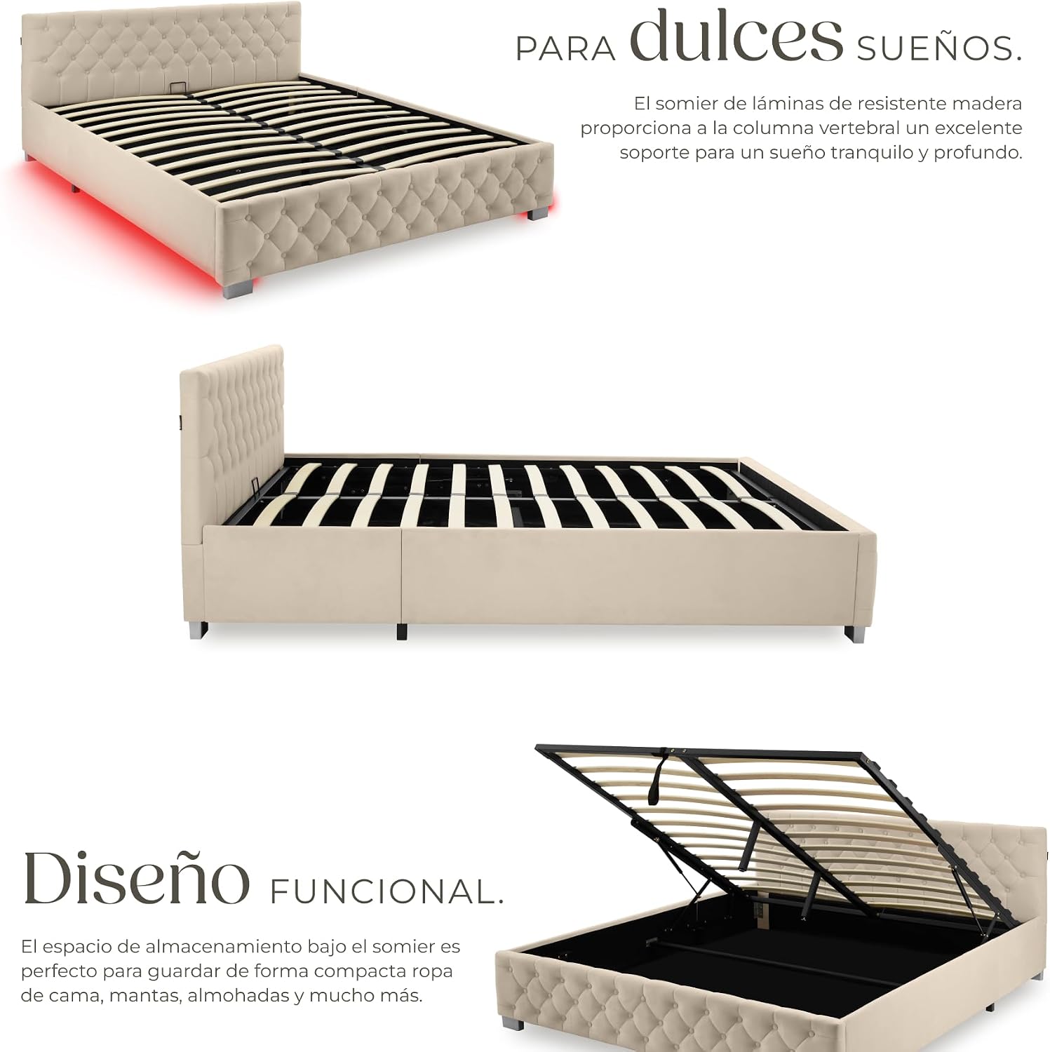 Detalle 2 de tectake® Cama Tapizada Terciopelo 217 x 187,5 cm