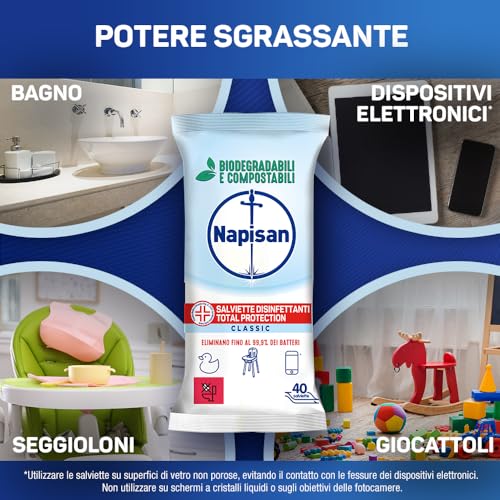 Detalle de Napisan Salviette Disinfettanti Total Protection 5 confezioni da 80 salviette – biodegradabili e compostabili