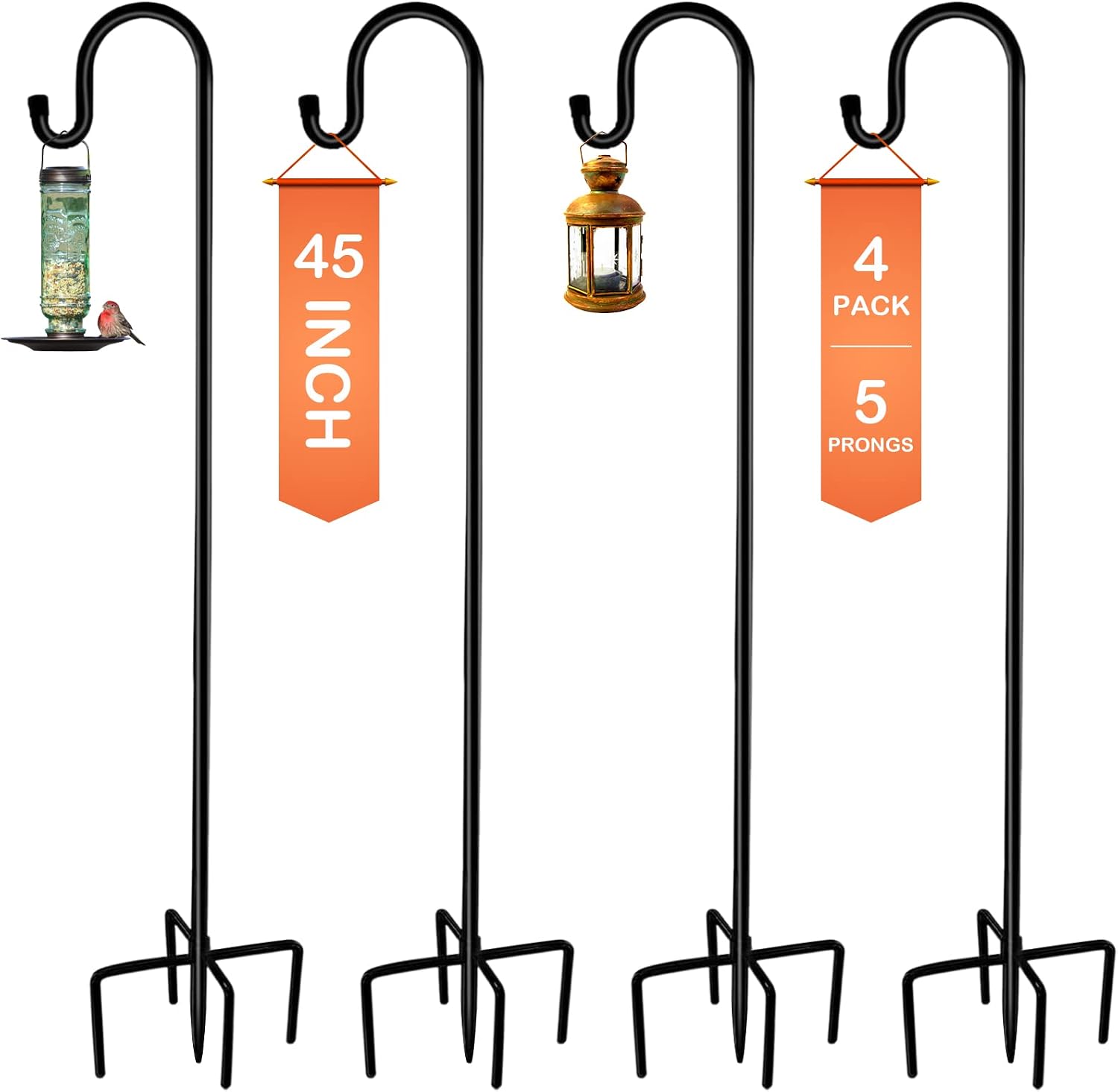 Detalle de Ottsuls Adjustable Shepherd Hooks, 4-Pack, Black Metal with 5-Prong Bases