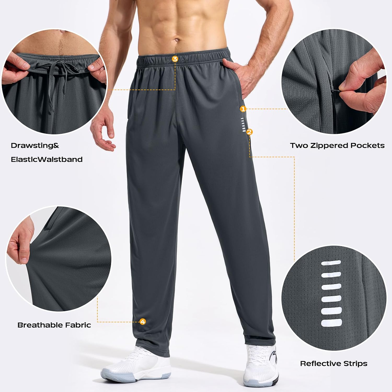 Detalle de HUAKANG Men’s Joggers: Lightweight Tracksuit Bottoms with Zipper Pockets