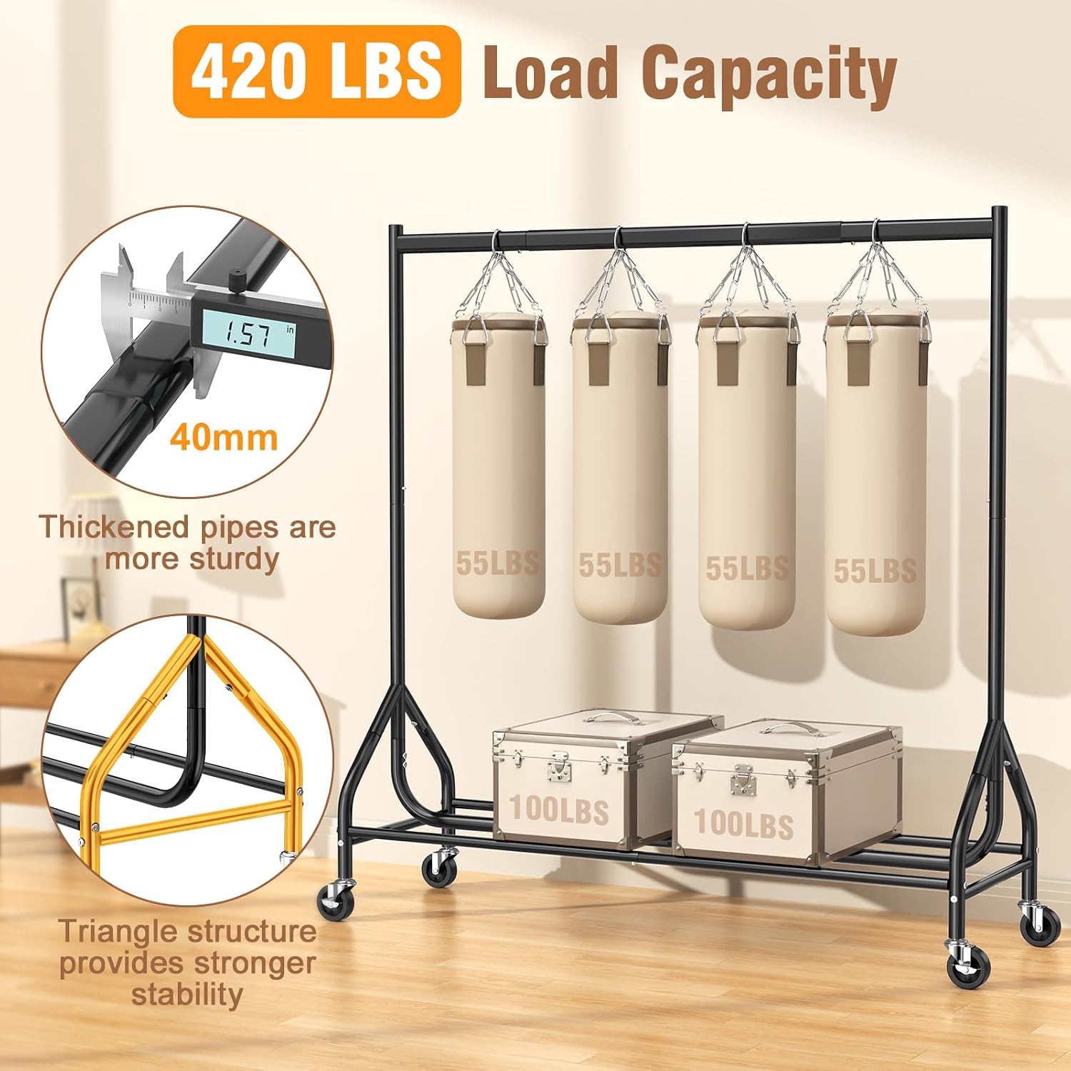 Thumbnail 1 de EAGMAK Heavy Duty Clothes Rail (Load 180 KG) 150 cm with Lockable Wheels – Black