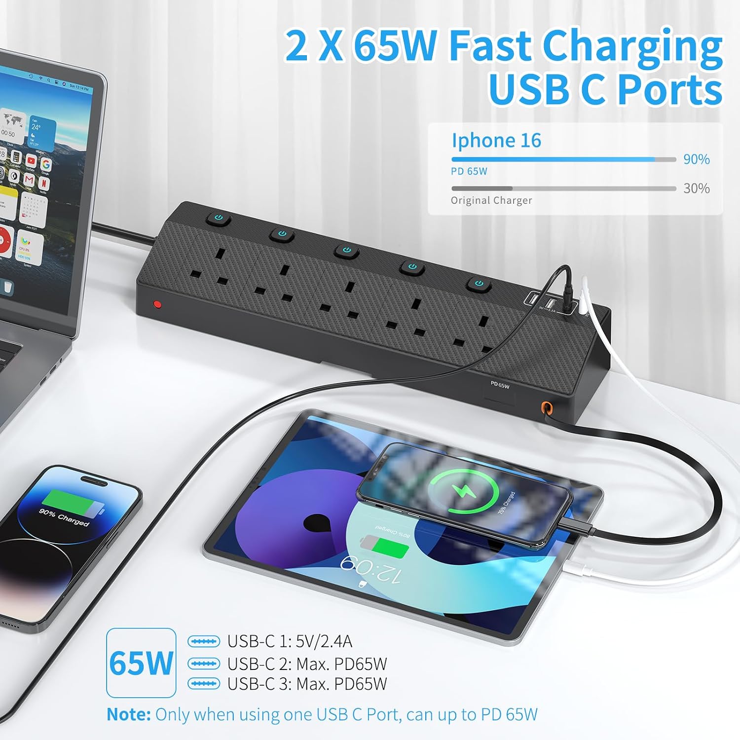 Detalle de Desk Extension Lead 1.8M with PD 65W USB‑C, 5 AC Sockets, 2 USB‑A and 3 USB‑C Ports, Retractable Cable & Desk Clamp