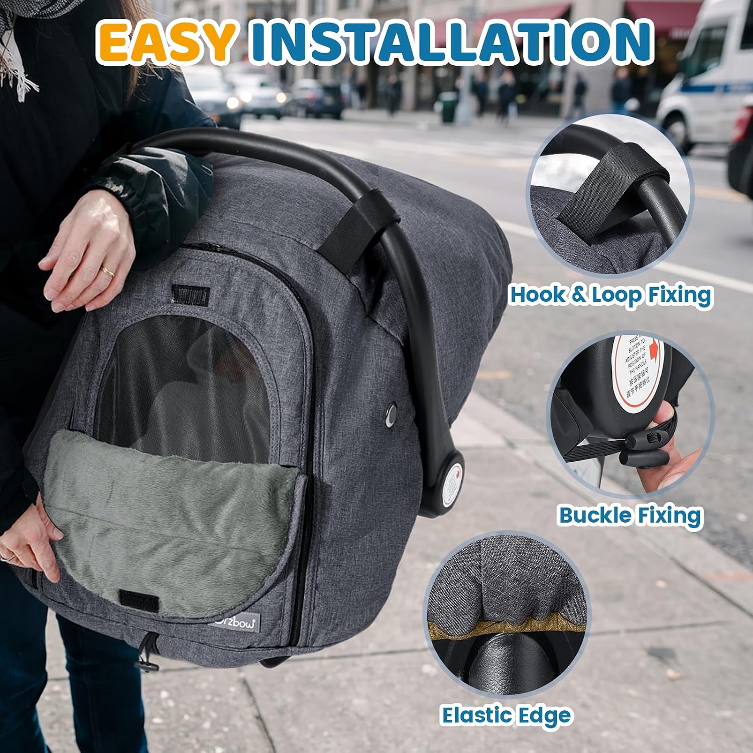 Detalle 1 de Orzbow Winter Car Seat Cover, Waterproof Baby Canopy with Zipper Access, Dark Gray