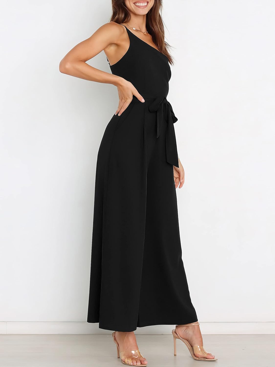 Thumbnail 1 de ANRABESS Women Summer Dressy Jumpsuits: One-Shoulder Sleeveless Wide-Leg Romper