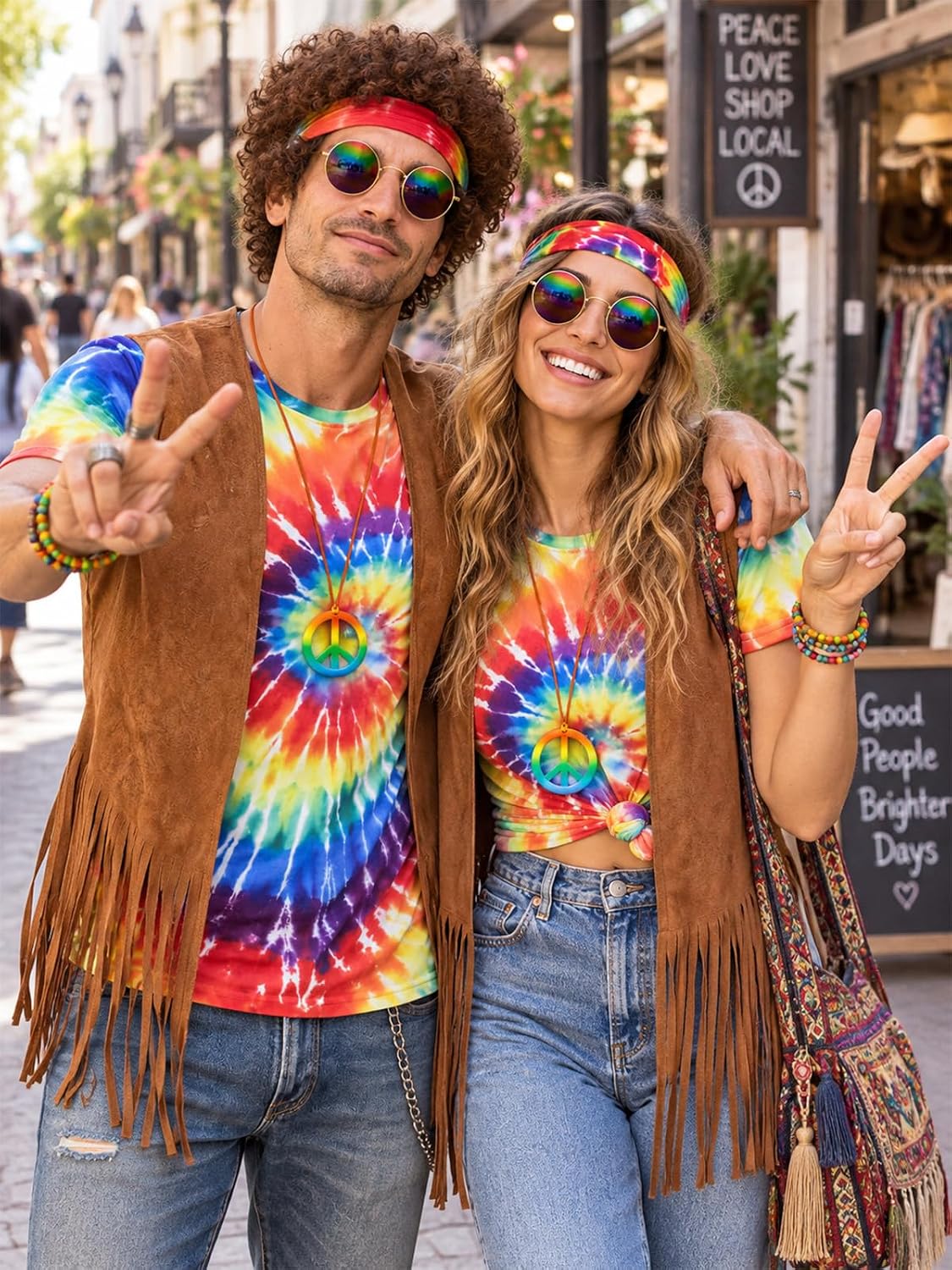 Detalle 2 de Treature Hippie Costume for Men, Tie-Dye Shirt Set for 60s and 70s Parties