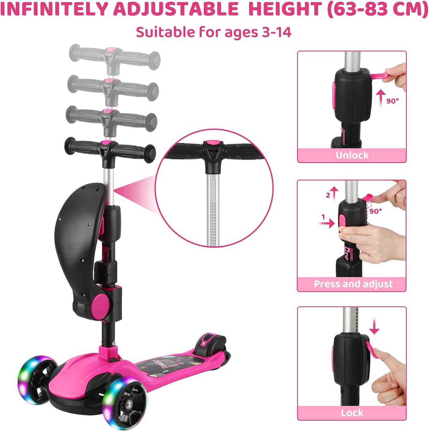 Detalle de BremToy Kinderroller mit abnehmbarem Sitz, stufenlos höhenverstellbarem Lenker und PU-Rädern