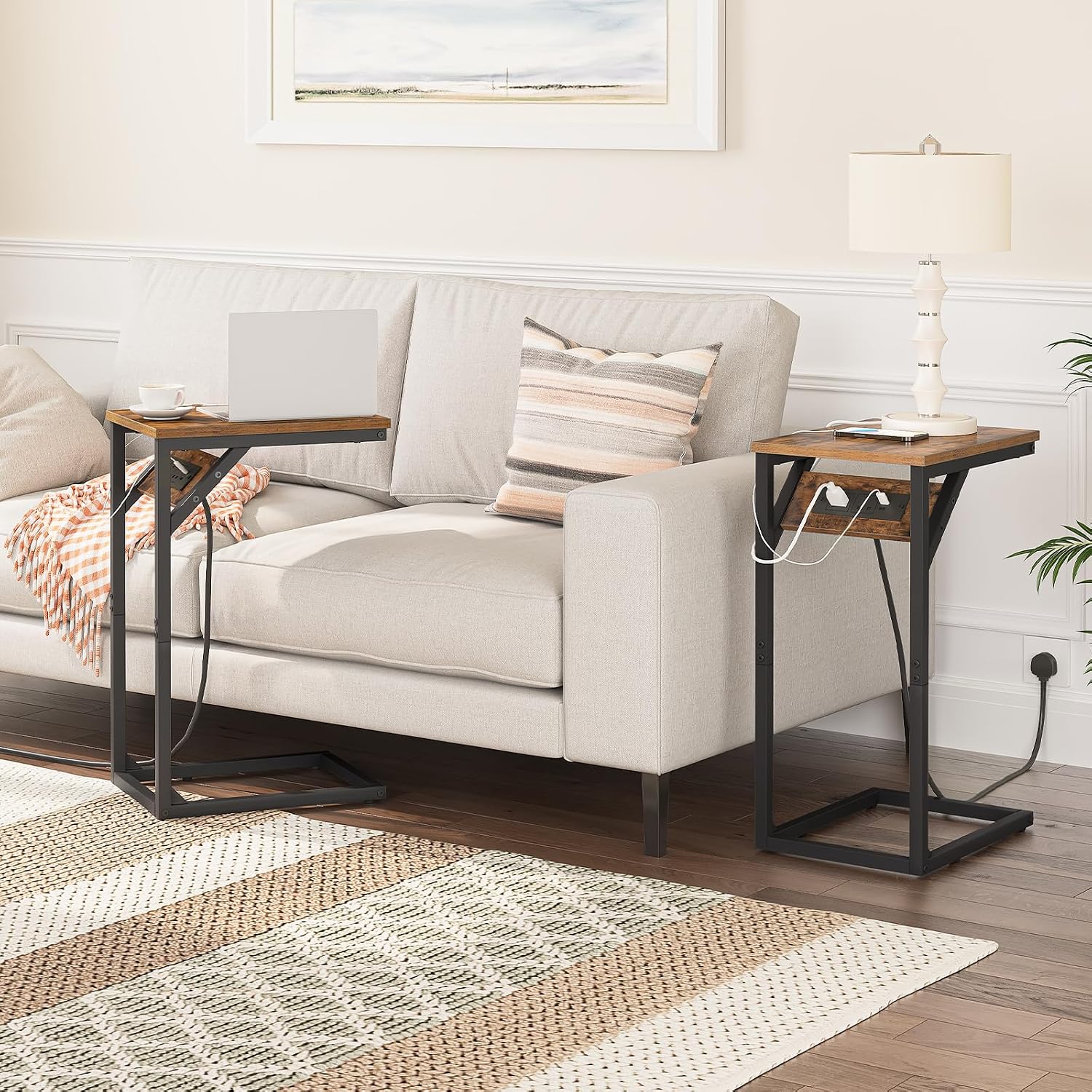 Thumbnail 5 de HOOBRO C Shaped Side Table with Charging Station (EBF07KSF01) – Rustic Brown & Black