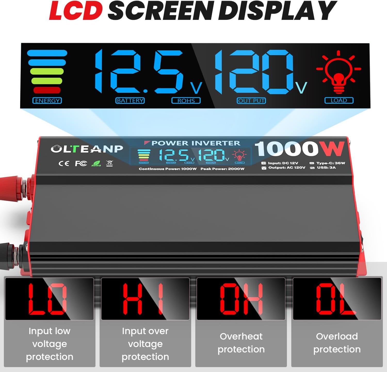 Detalle de OLTEANP 1000 Watt 12V DC to 110V/120V AC Car Power Inverter with LCD, 2 AC Outlets, USB-C (36W) and USB-A (5V/3A)