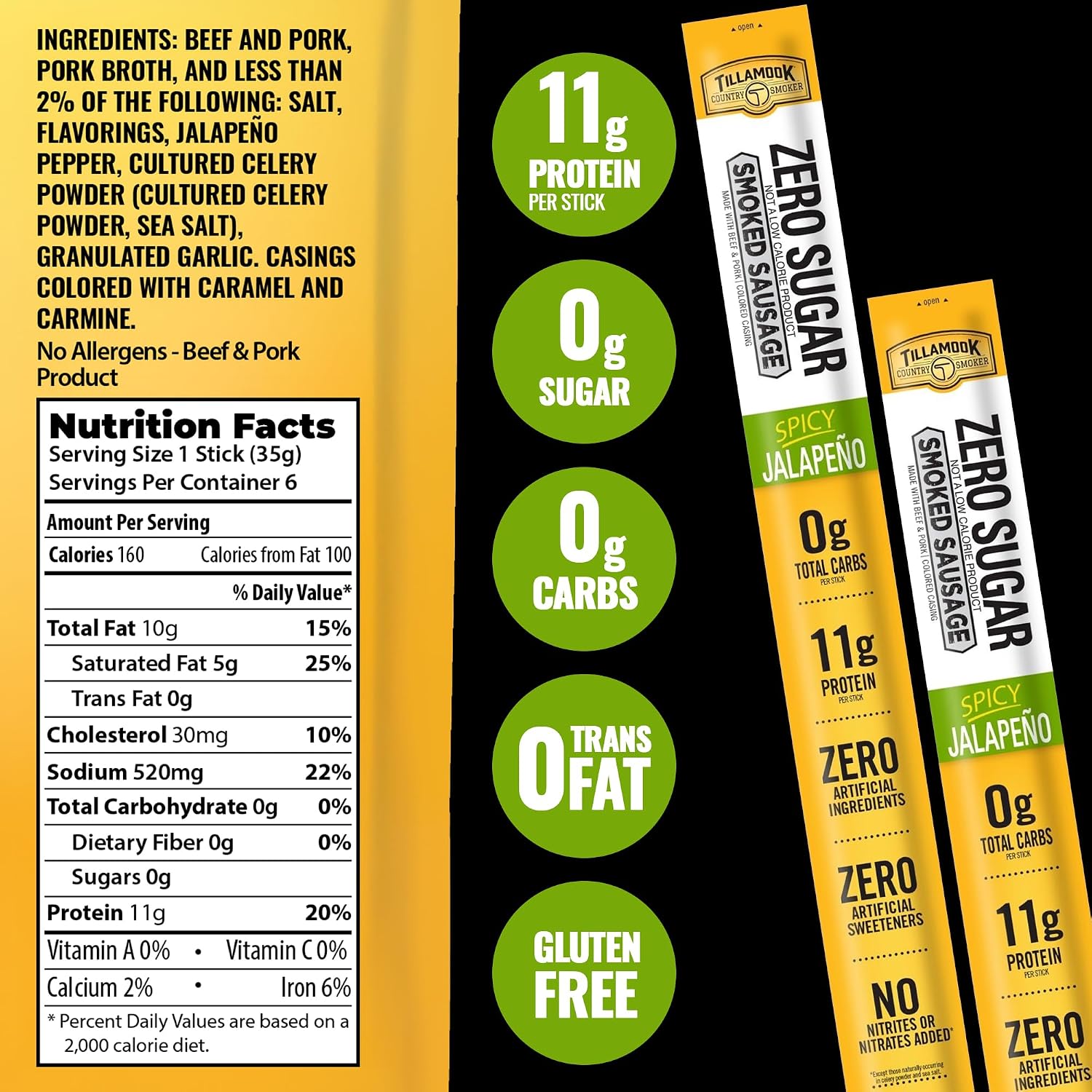 Detalle de Tillamook Country Smoker Zero Sugar Beef & Pork Sticks, 18 Ct, 3 Flavors