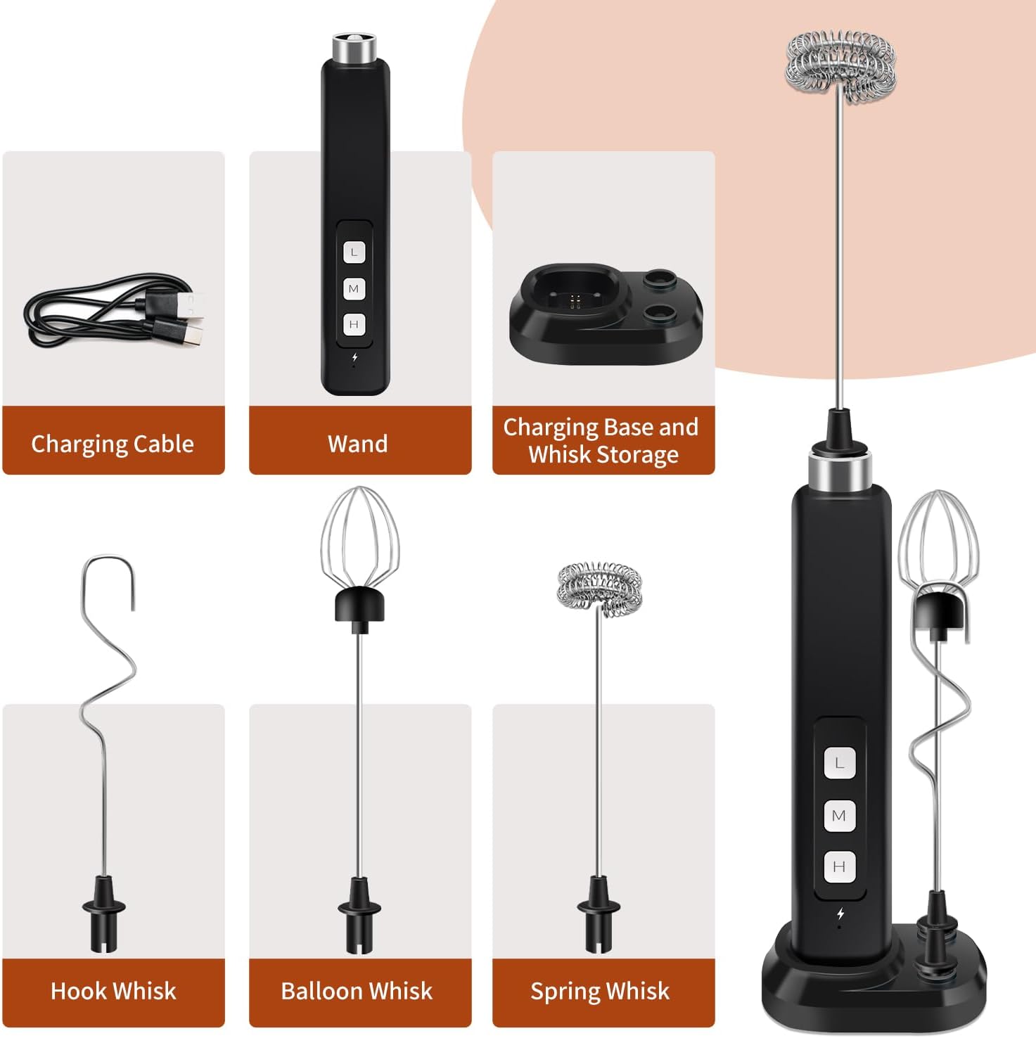 Detalle de Rechargeable Milk Frother Handheld with 3 Detachable Stainless Whisks and Charging Base