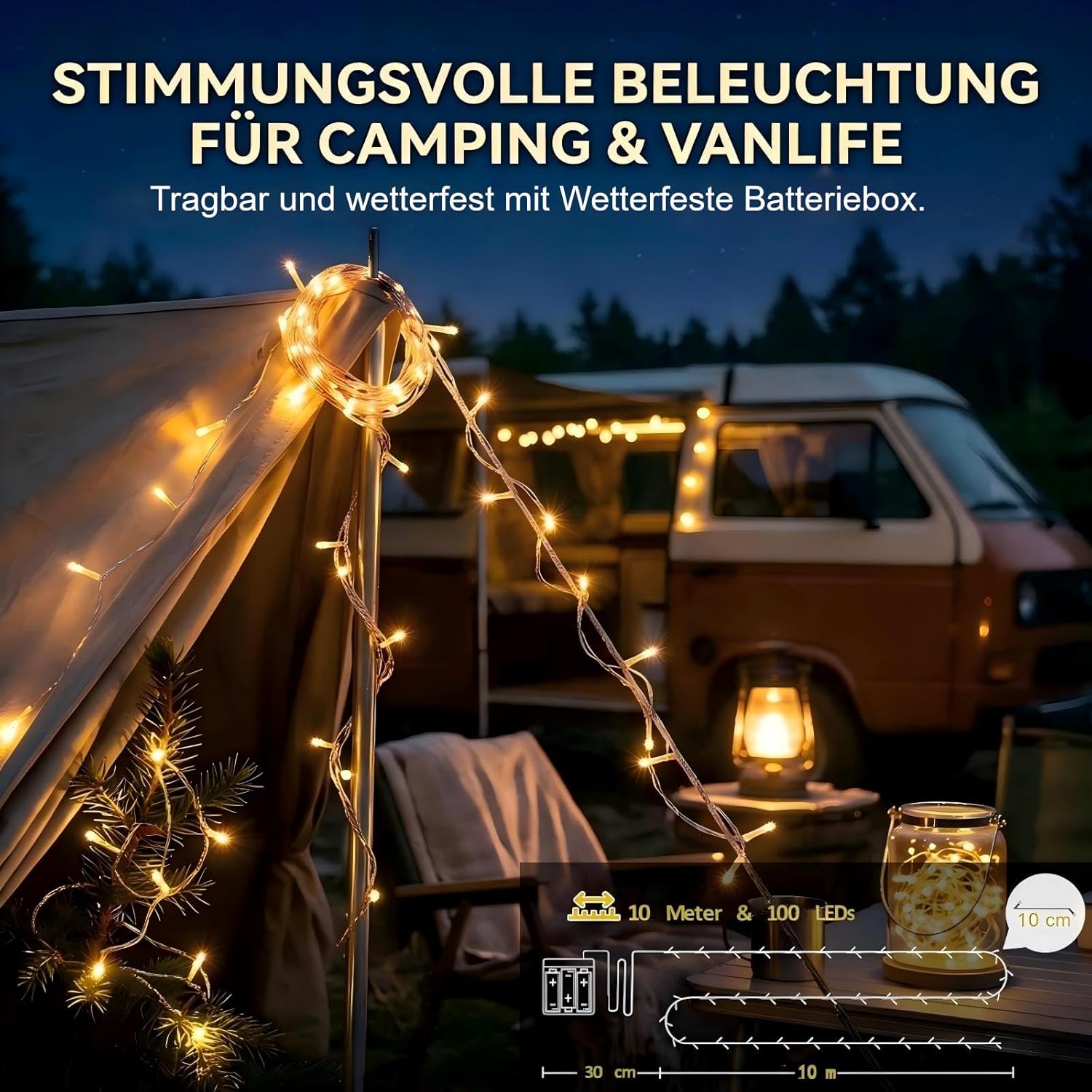 Detalle de Lichterkette Außen Batterie Timer 10 m, 100 LEDs Warmweiß – IP44, batteriebetrieben