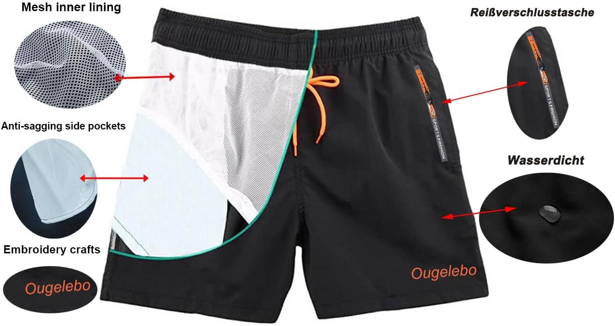 Thumbnail 4 de Ougelebo Mens Swimming Shorts with Zip Pockets