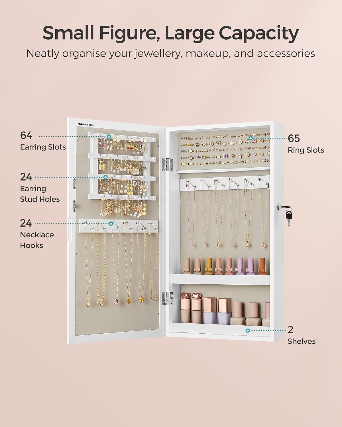 Detalle 2 de SONGMICS JJC051W02 wall-mounted jewellery cabinet with mirror and lock