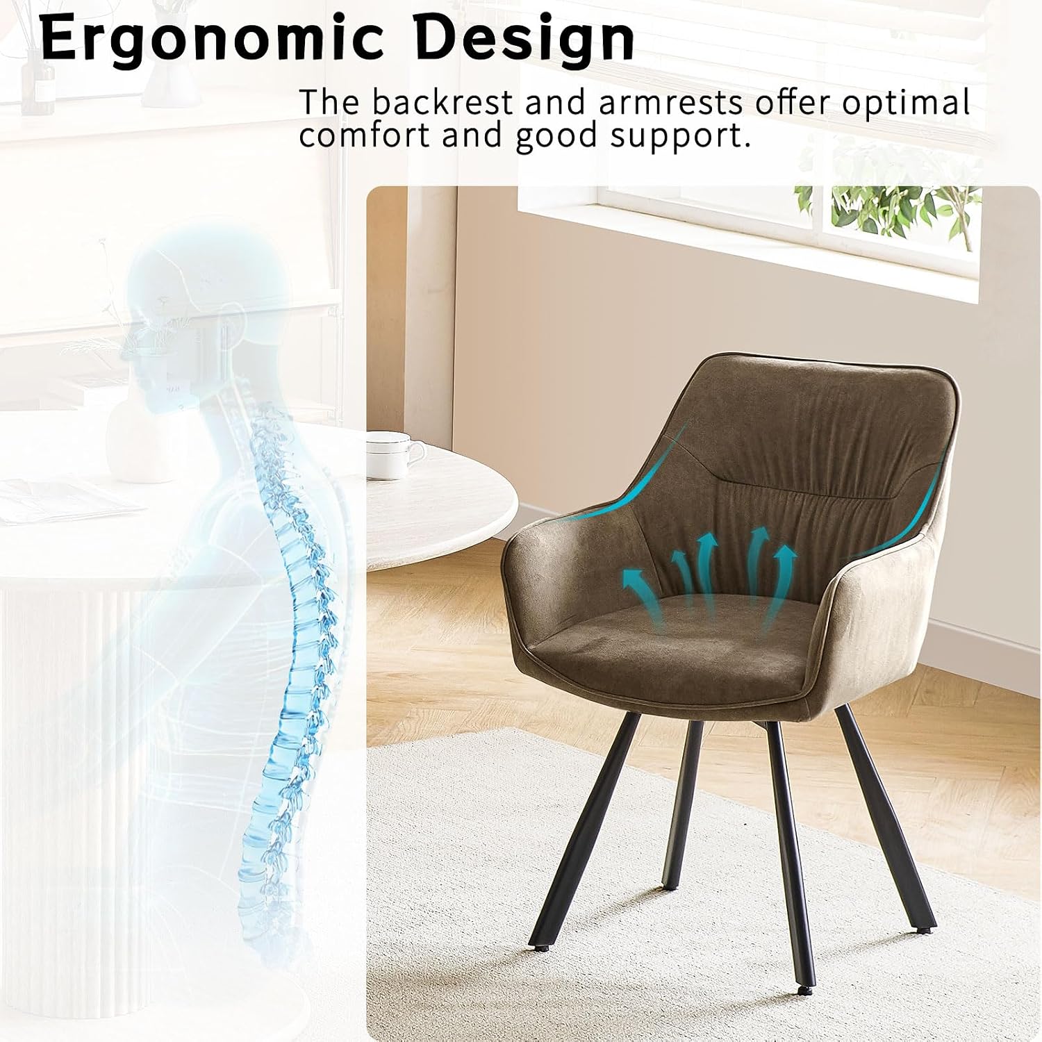 Thumbnail 4 de LEWE 360° Swivel Dining Chairs (Set of 2) with Arms, Backrest & Metal Legs in Brown