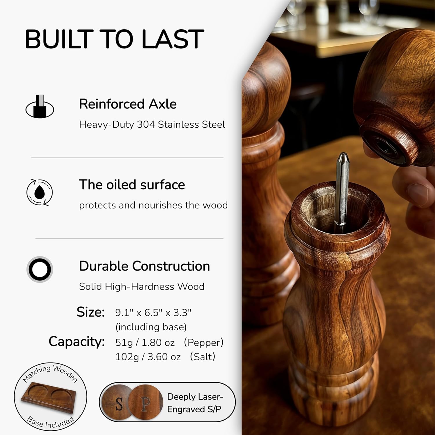 Detalle de Aurevit Wooden Salt and Pepper Grinder Set, 9-Inch Tall
