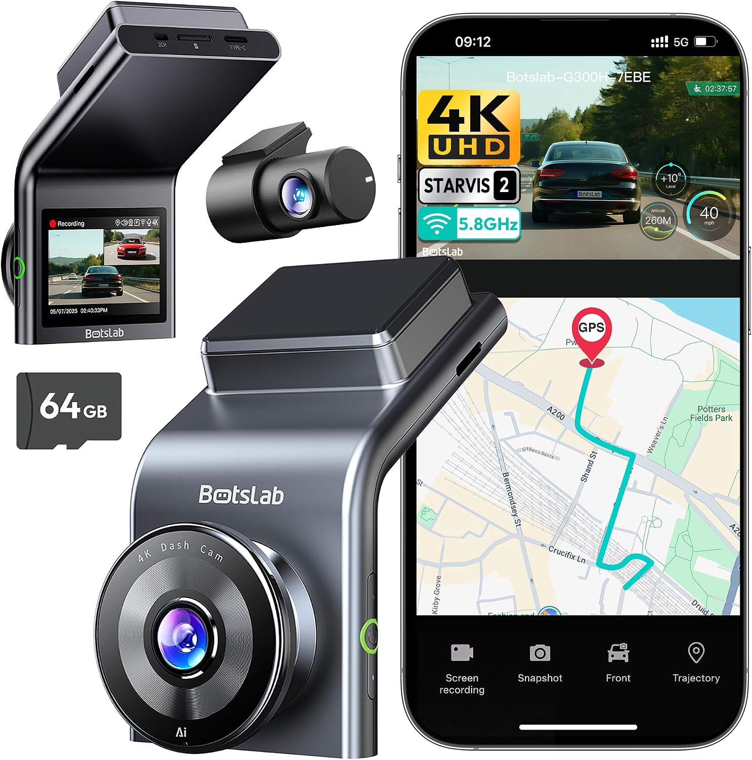 Detalle de BOTSLAB G300H Plus 4K Dual Dash Cam, STARVIS 2, HDR Night Vision & GPS