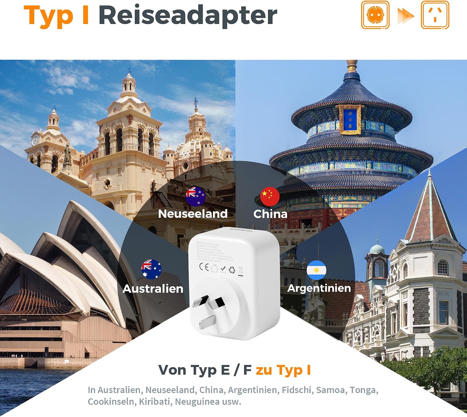 Thumbnail 1 de TESSAN Reiseadapter für Neuseeland & Australien – Typ I Steckdosenadapter mit 1 USB-C und 2 USB-A (2500 W)
