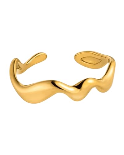 Detalle de Purelei Abstract Wave Ring Damen – Verstellbarer Edelstahlring mit 14K Vergoldung