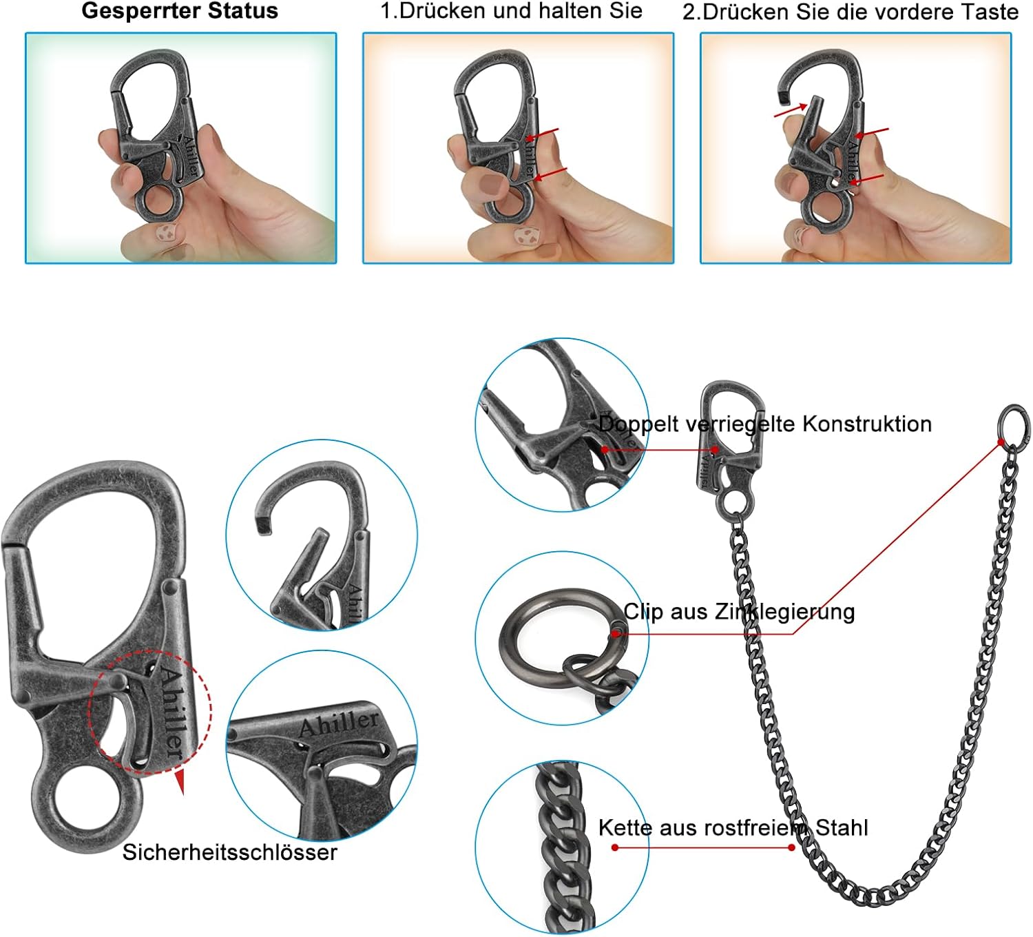 Thumbnail 3 de Ahiller Chaîne de Portefeuille pour Homme – mousqueton renforcé et chaîne en acier inoxydable, Gris acier QK-1P