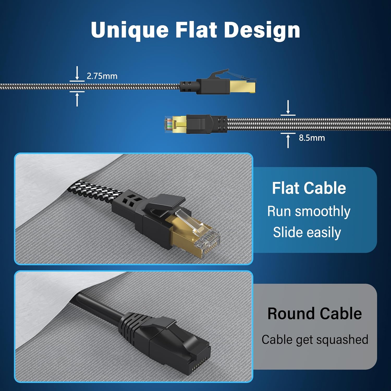 Thumbnail 5 de Cat 8 Ethernet Cable (10 ft) Nylon Braided, Flat SFTP RJ45 Shielded Patch Cord for Gaming, PC, Modem/Router