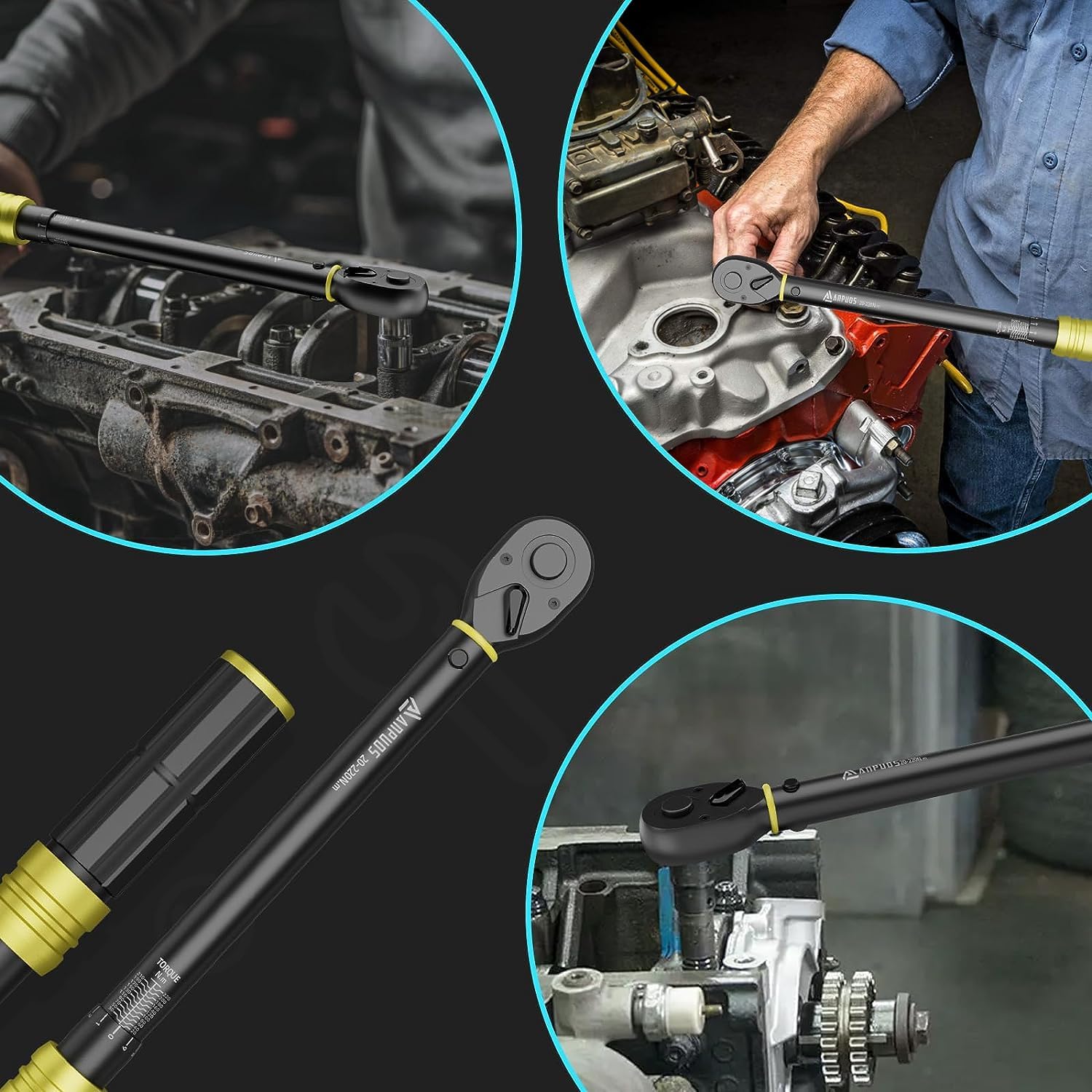 Detalle 2 de ANPUDS Drehmomentschlüssel 1/2 Zoll 20–220 Nm mit Klickfunktion (±3% Genauigkeit, 72-Zahn-Ratsche)