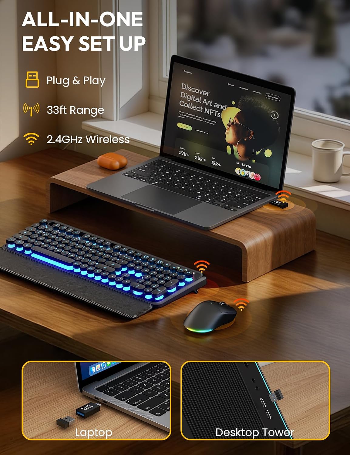 Detalle de SABLUTE CK13Pro Wireless Keyboard and Mouse with Backlit Keys and Wrist Rest