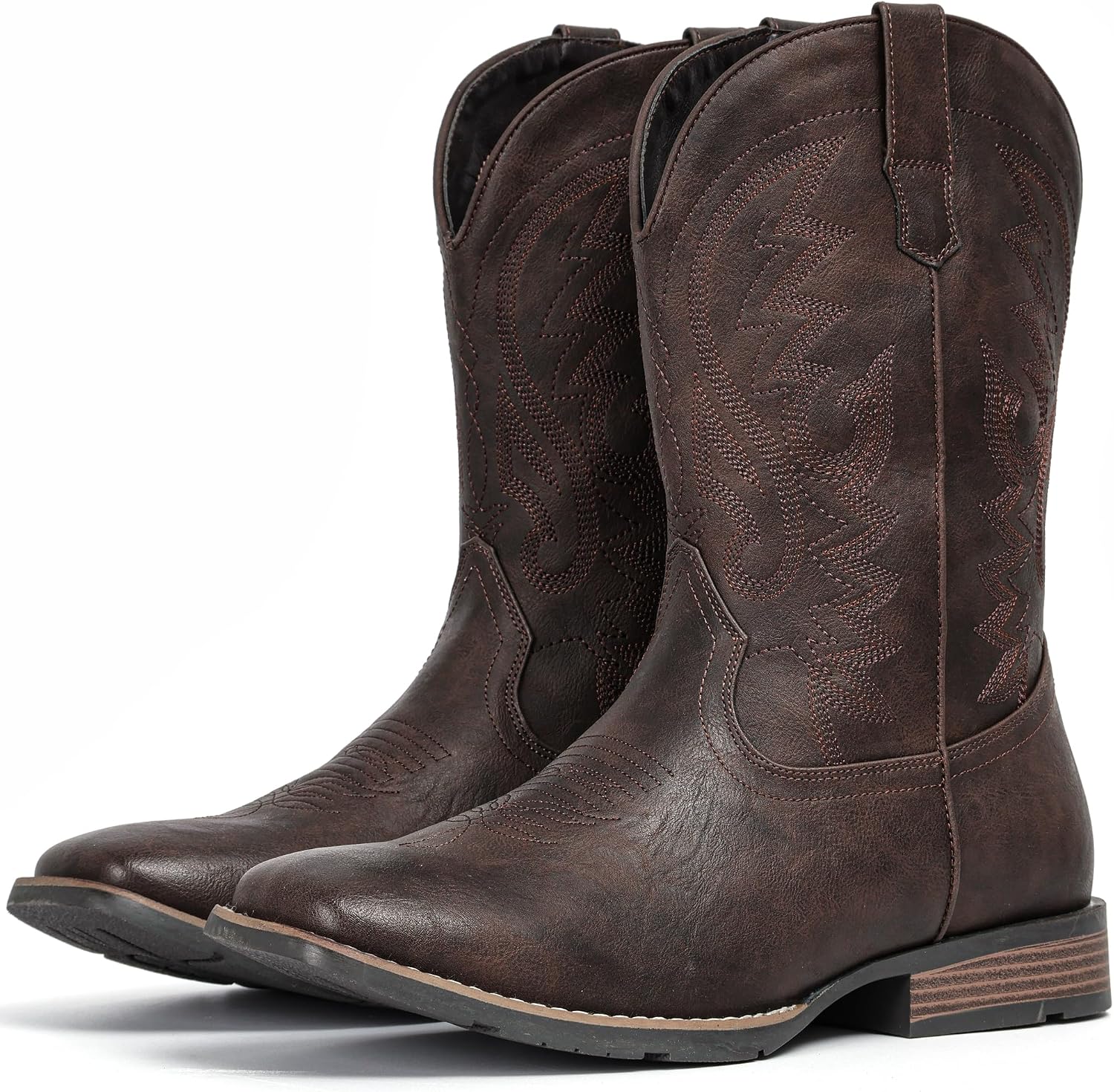 Detalle de IUV Men’s Cowboy Boots with Wide Square Toe, Western Embroidery, Pull-On Slip-Resistant Sole