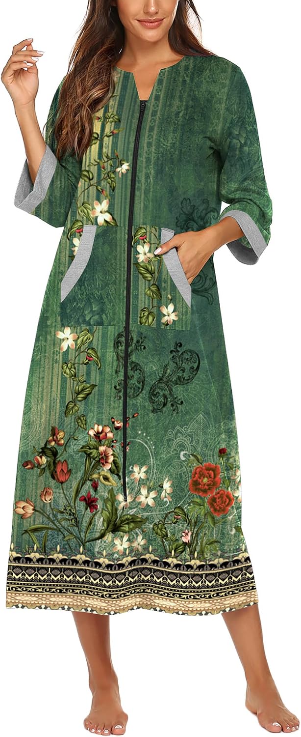 Detalle de Ekouaer Women's Full-Length Zip-Front Robe with 3/4 Sleeves and Pockets