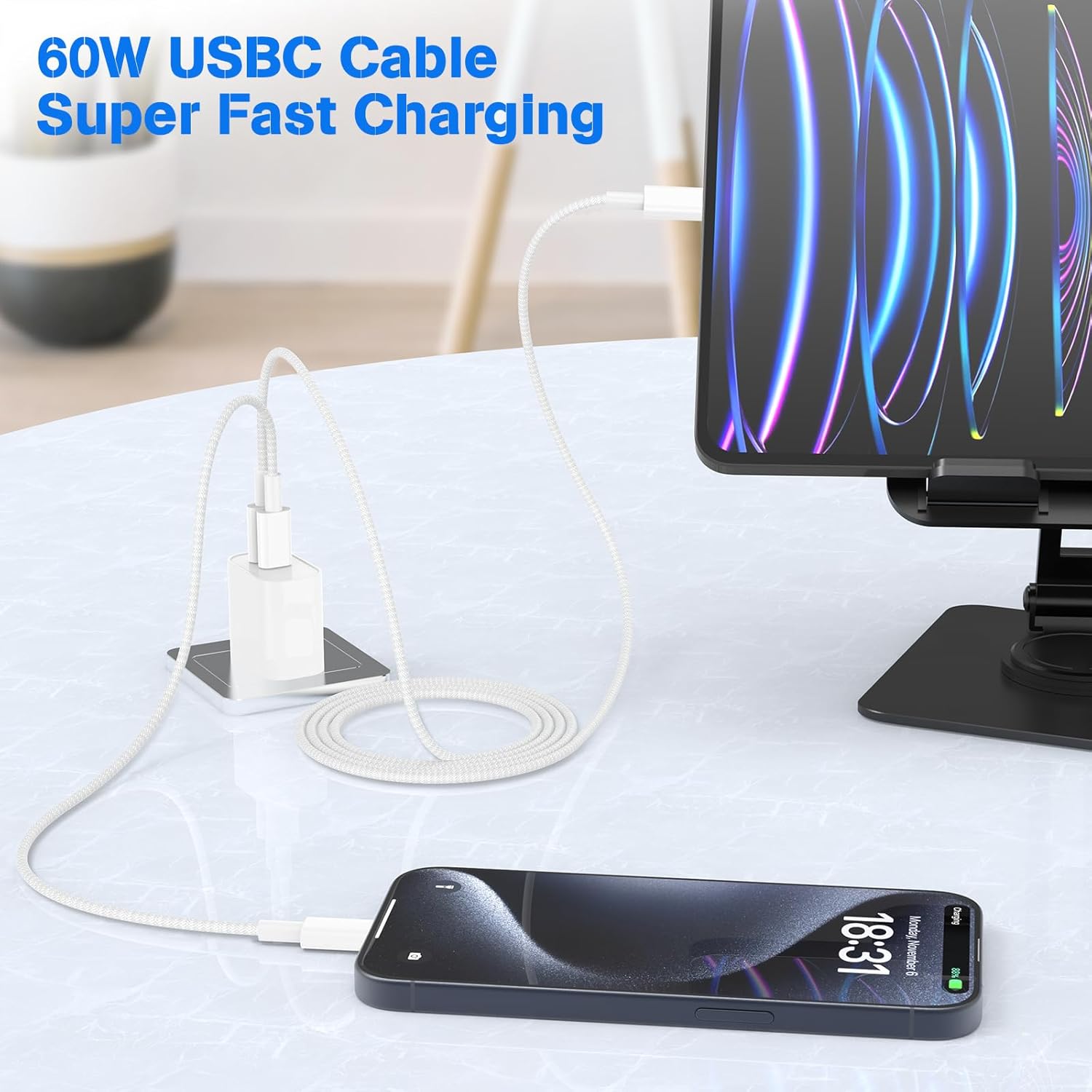 Thumbnail 5 de 3Pack USB-C to USB-C Braided Charging Cable (60W) for iPhone, iPad, MacBook, Samsung & AirPods — 3FT Multi-Color