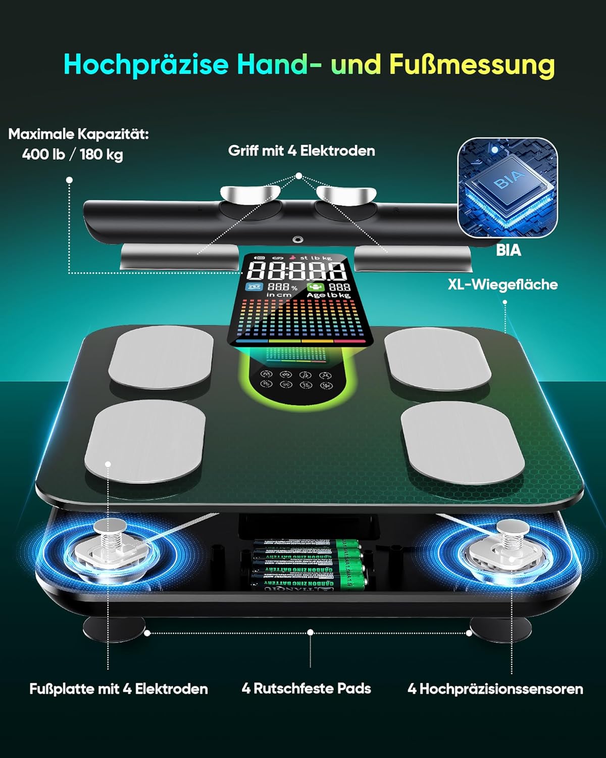 Thumbnail 2 de Letron Körperfettwaage Personenwaage digital mit 8-Elektroden und Bluetooth-App (58 Messwerte, 24 Nutzer)