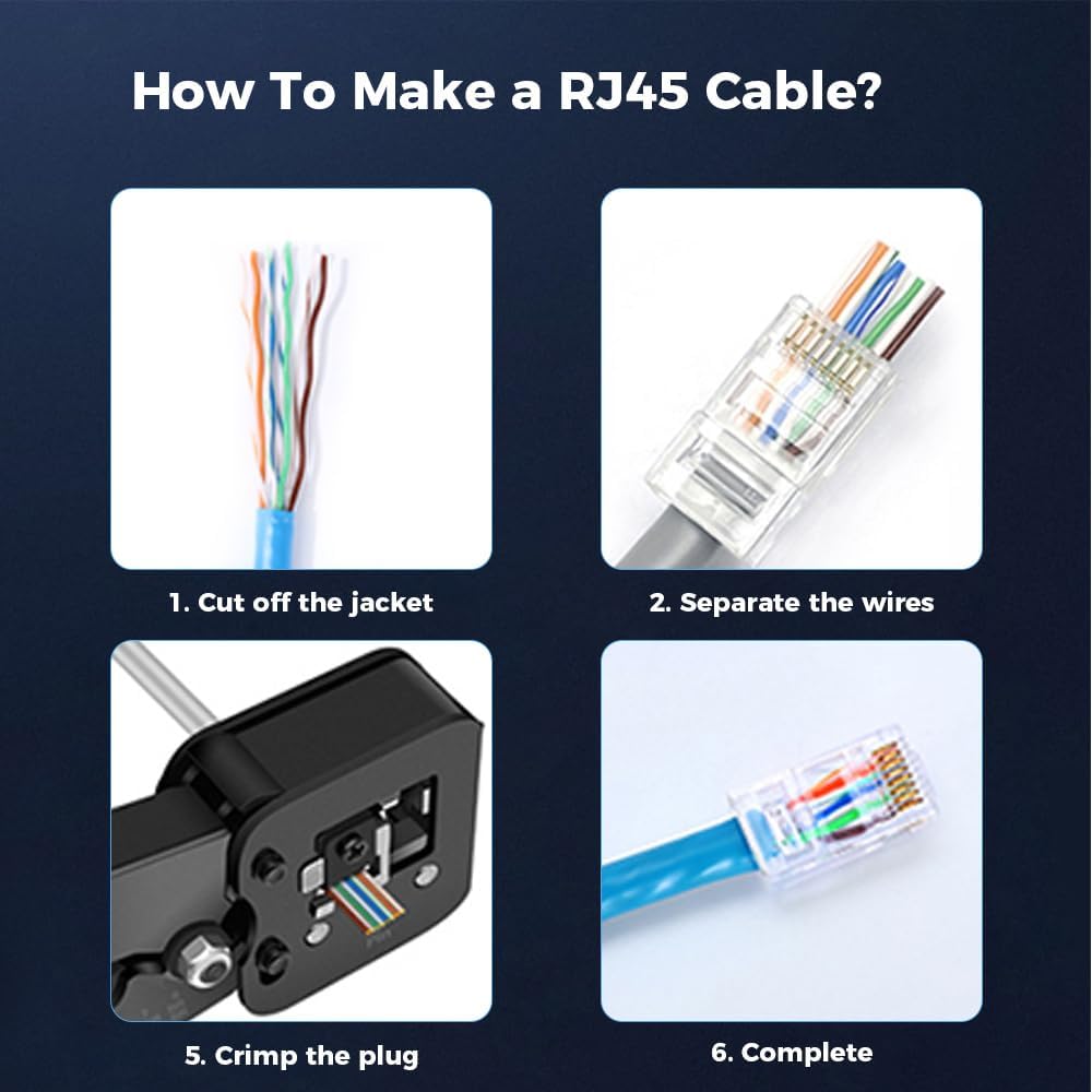 Thumbnail 3 de JUSTOP 100 Pcs RJ45 Pass Through Connectors for CAT5/5e/6 — Gold Plated 8P8C, Crystal Housing