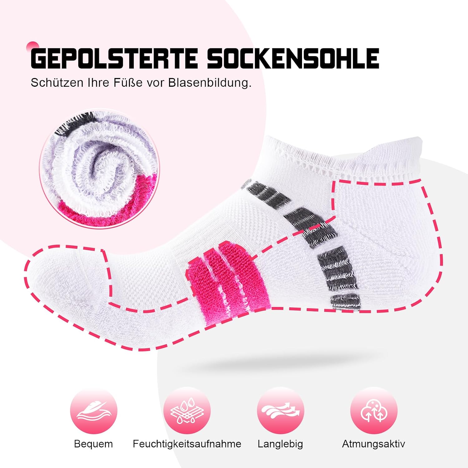 Detalle de EconioSocken Sneaker Socken Damen (39–42) – Anti-Blasen Laufsocken mit gepolsterter Sohle