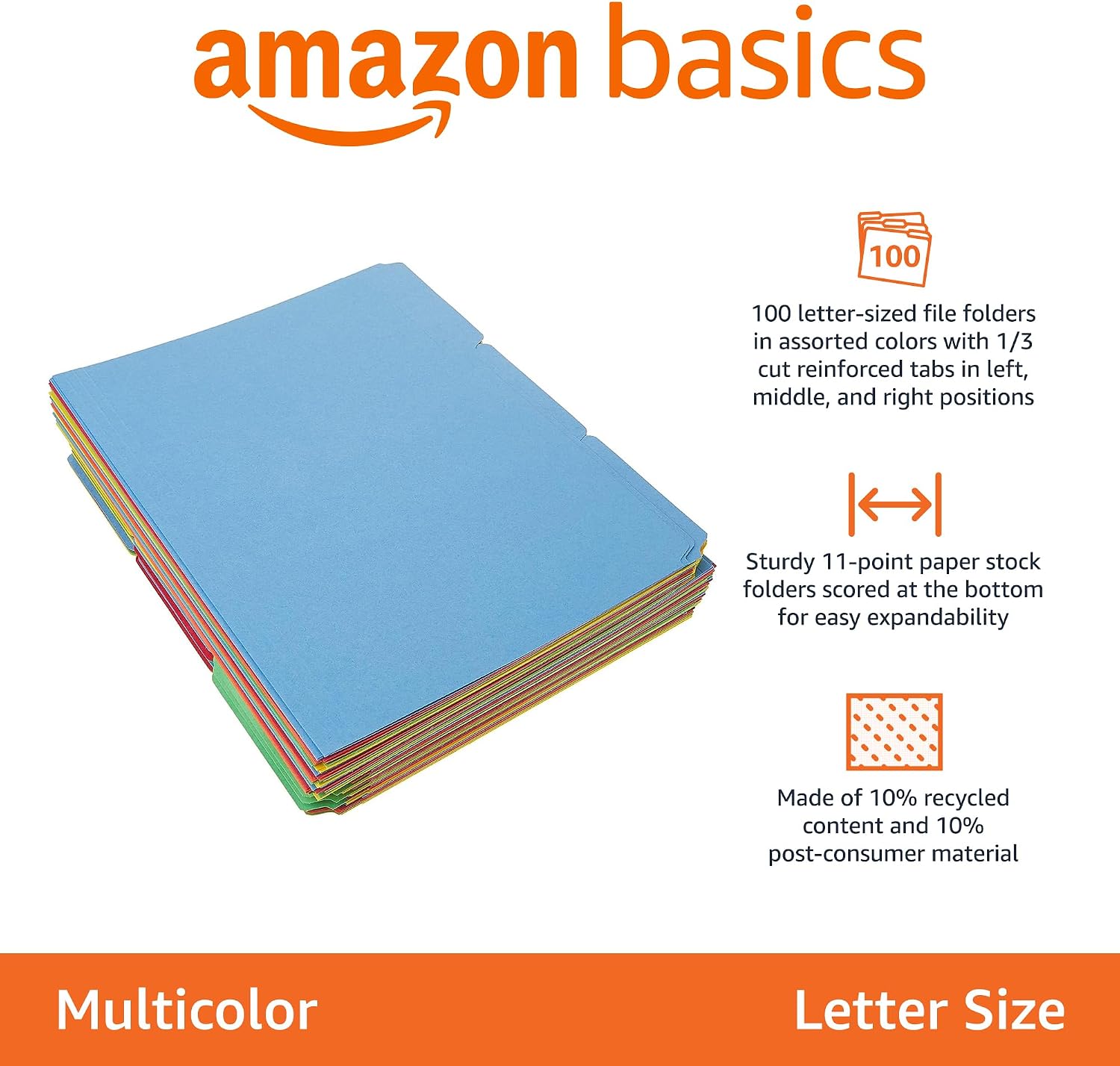 Thumbnail 1 de Amazon Basics 100-Count Letter-Size File Folders with Reinforced Tabs (AMZ401) in Assorted Colors