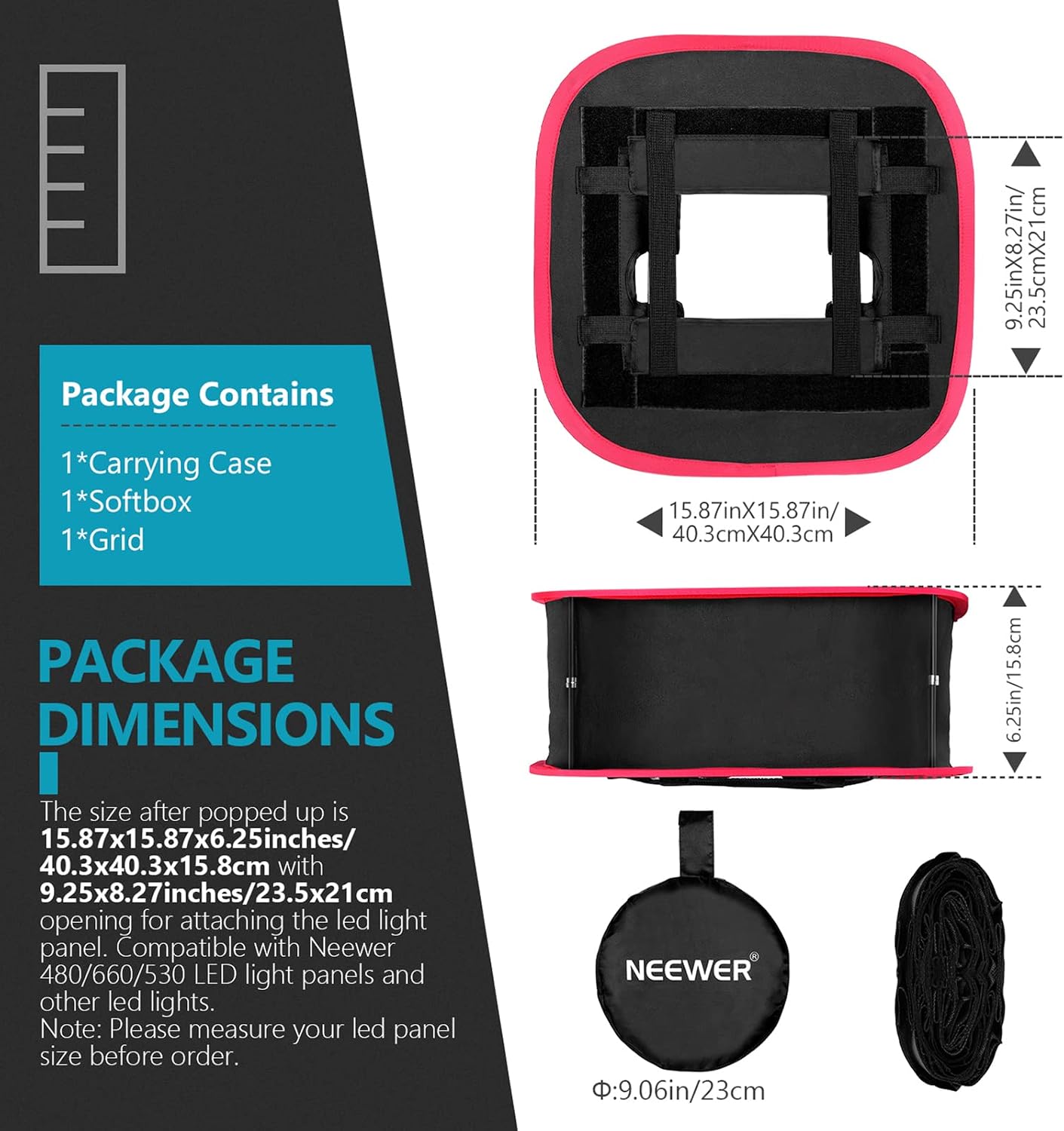 Detalle de Neewer Foldable Softbox Light Box with Strap Clip, Grid & Carry Bag for Neewer LED Panels