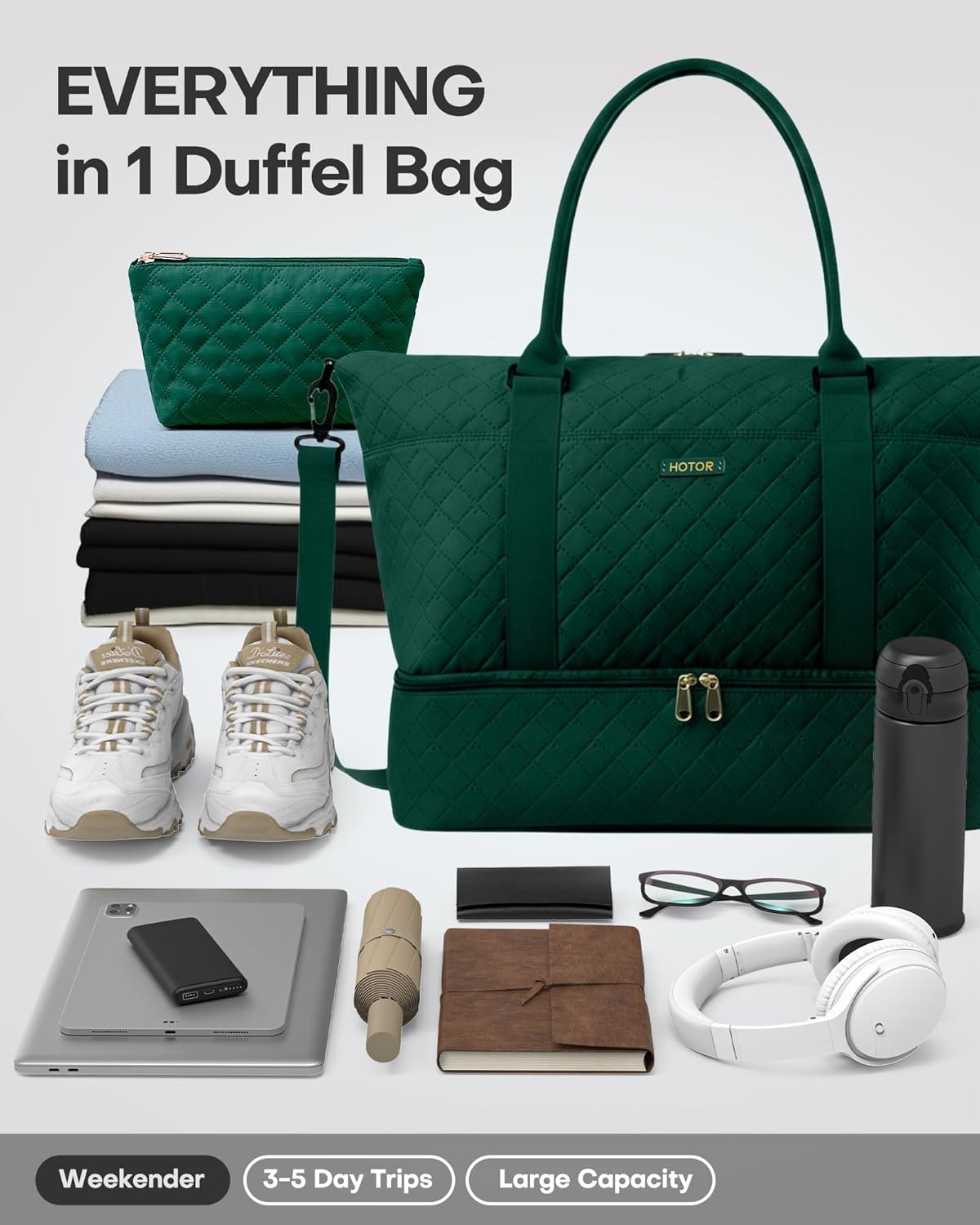 Detalle de HOTOR Travel Bags for Women - Lightweight Overnight Holdall with Shoe Compartment (Dark Green) 34 x 45 x 20 cm